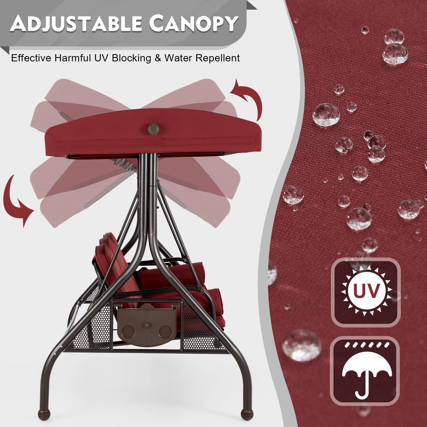 HOMREST 3 Seat Outdoor Porch Swing with Adjustable Canopy, Convertible Patio Swing Bed with Stand, Patio Glider Swing with Upgraded Cup Holder, Thicken Cushions ＆ Pillow for Backyard(Wine Red)