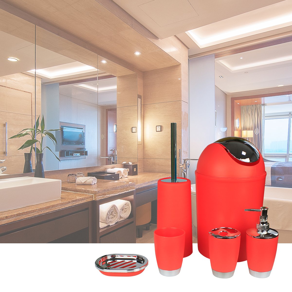 Bathroom Accessories Set, 6-Piece Plastic Gift Set, Toothbrush Holder, Toothbrush Cup, Soap Dispenser, Soap Dish, Toilet Brush Holder, Trash Can (RED)