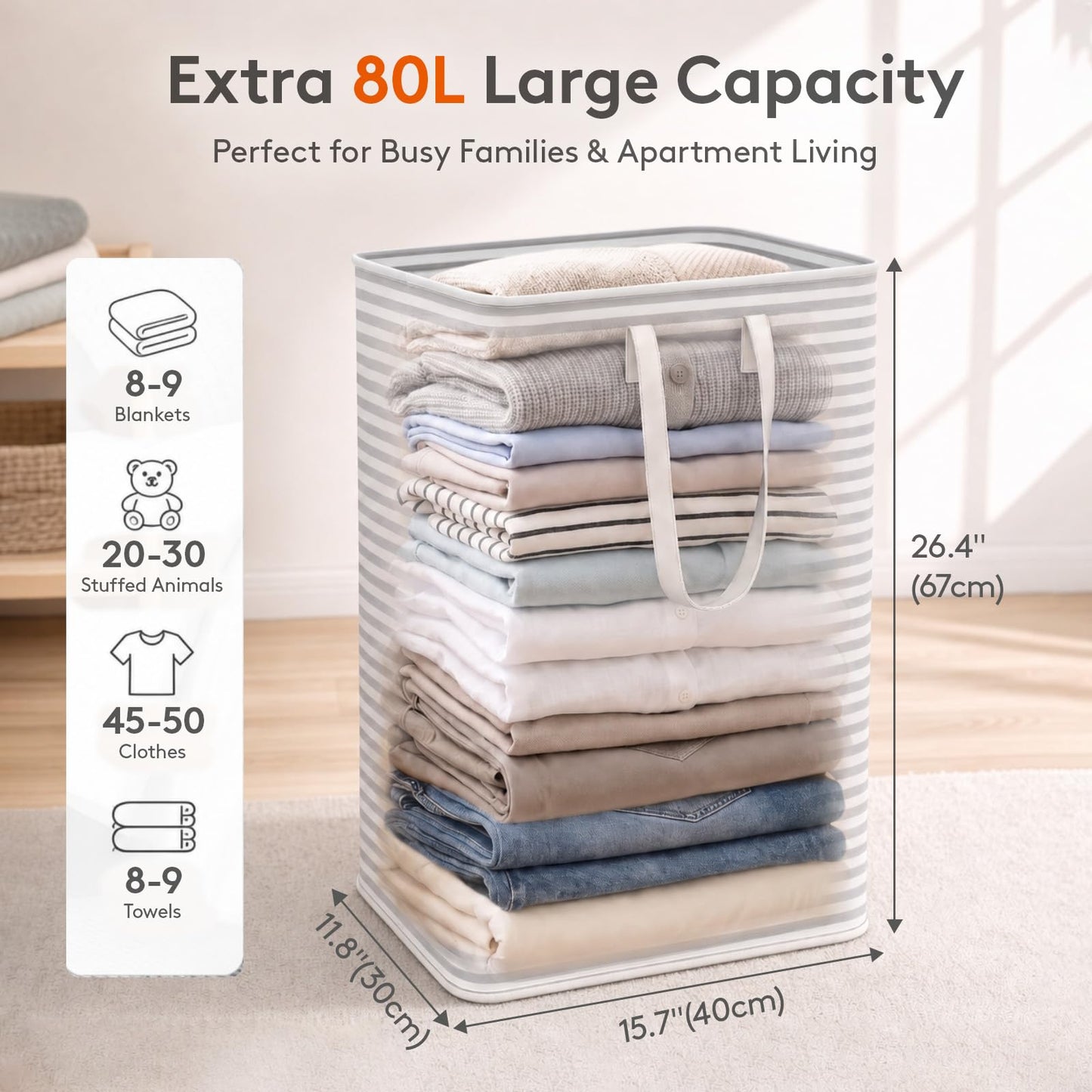 Lifewit 80L Large Laundry Baskets, 2 Pack, Reinforced Handles, Grey