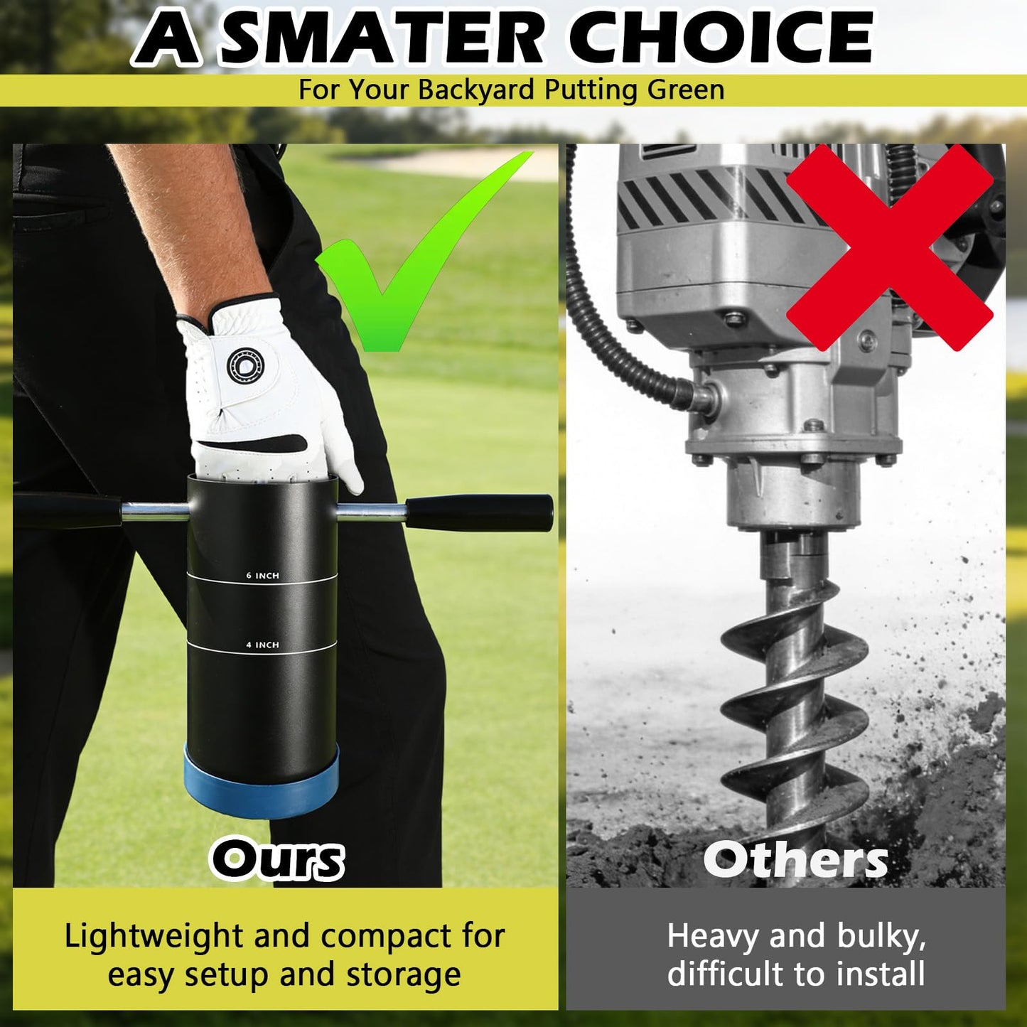 Sumalon Portable Golf Hole Cutter with Detachable Handle, 4 inch and 6 inch USGA Standard Carbon Steel Hole Digger, Post Hole Digger for Garden, Backyard, Outdoor Golf Putting Green Practice