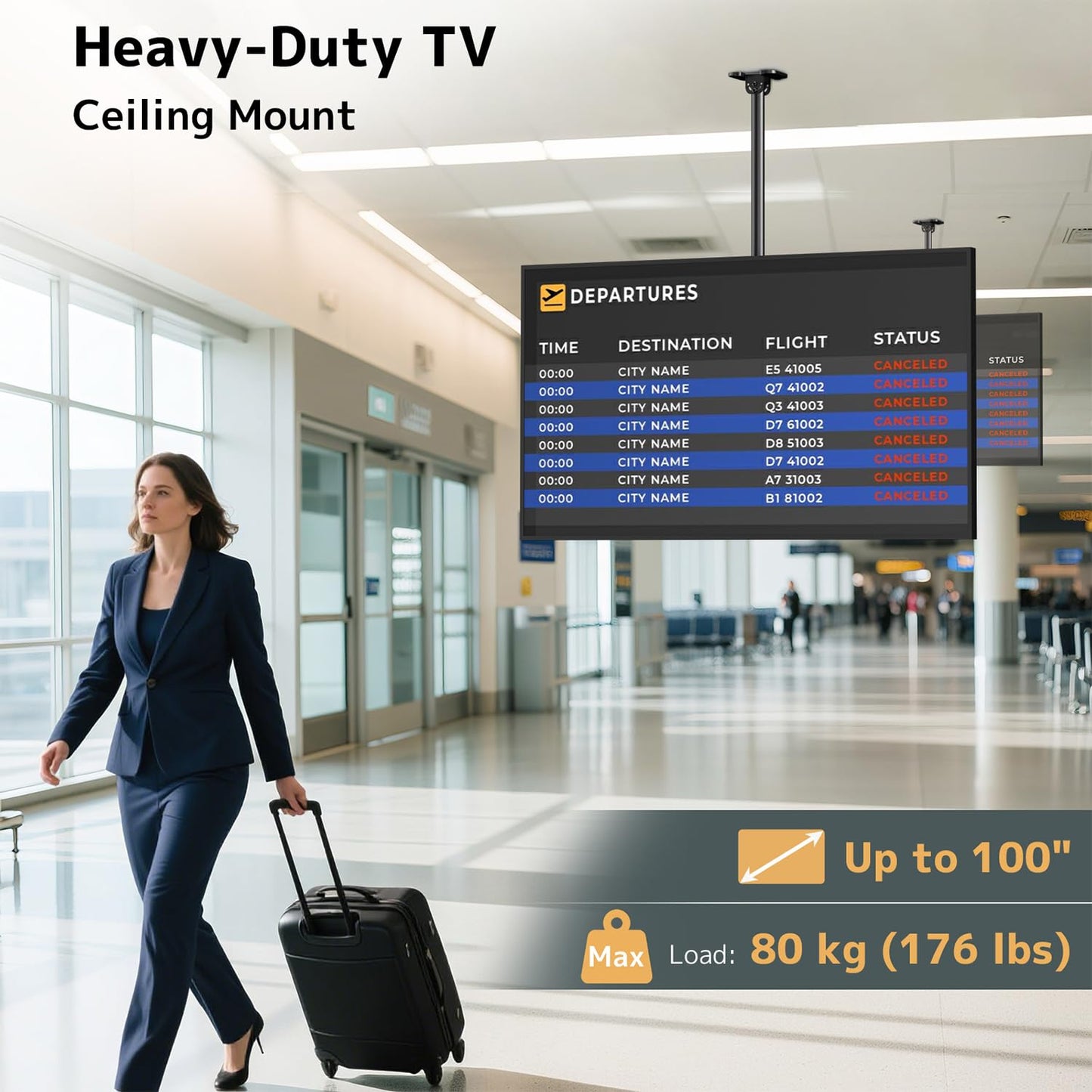 Ceiling TV Mount – Adjustable Hanging Ceiling TV Bracket Fits Max 100 inch LCD LED OLED 4K TVs,Pole Ceiling Mount Supports up to 176lbs, Max VESA 800x600mm,Black