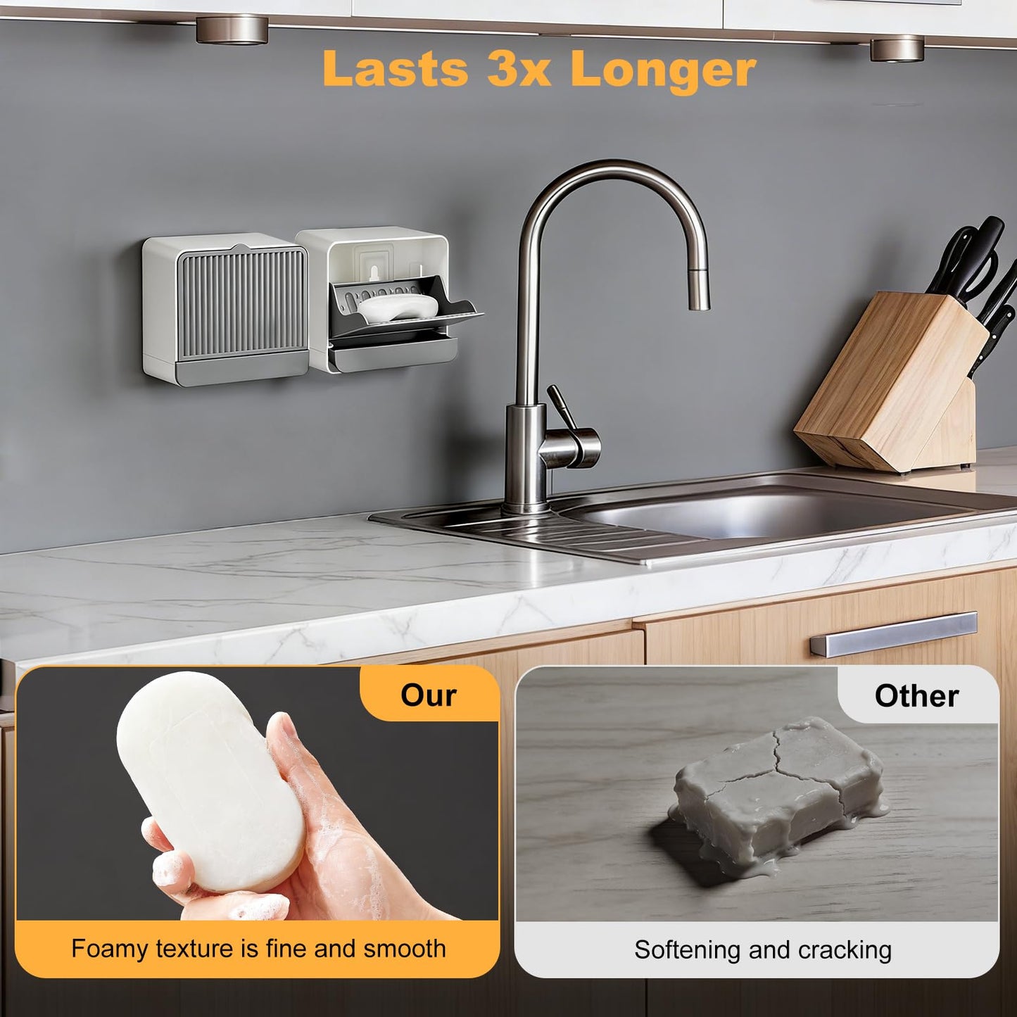 Strong Suction Cup Wall-Mounted Soap Dish Holder, 2-Layer Draining Tray with Removable Container, Keeps Soap Dry for Bathroom, Shower, Sink, Kitchen- Space Saver (Grey-Single Compartment)
