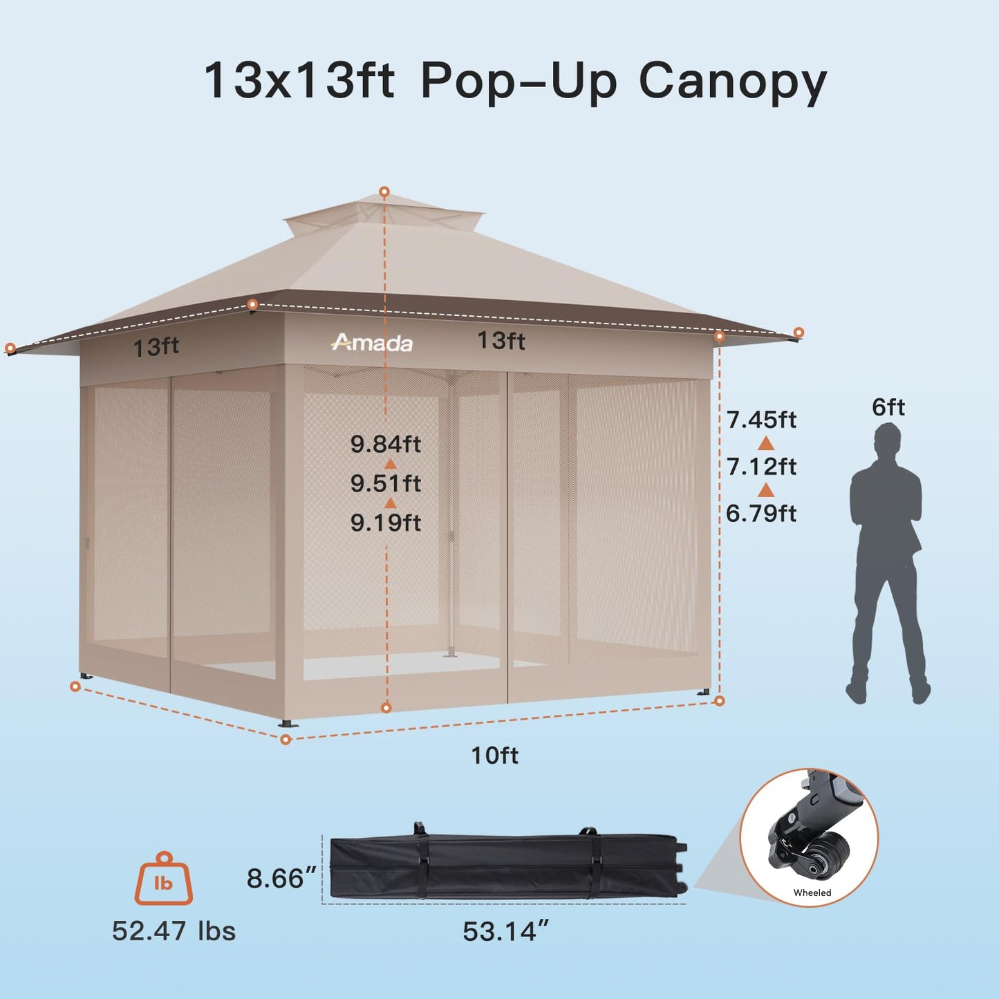 Amada 13x13 Pop Up Outdoor Gazebos on Clearance for Backyard & Patio Furniture with Wheeled STO-N-Go Cover Bag, Carpa Pop Up Tent with Shelter Mosquito for Patio, Lawn, Garden(13×13ft, Khaki)