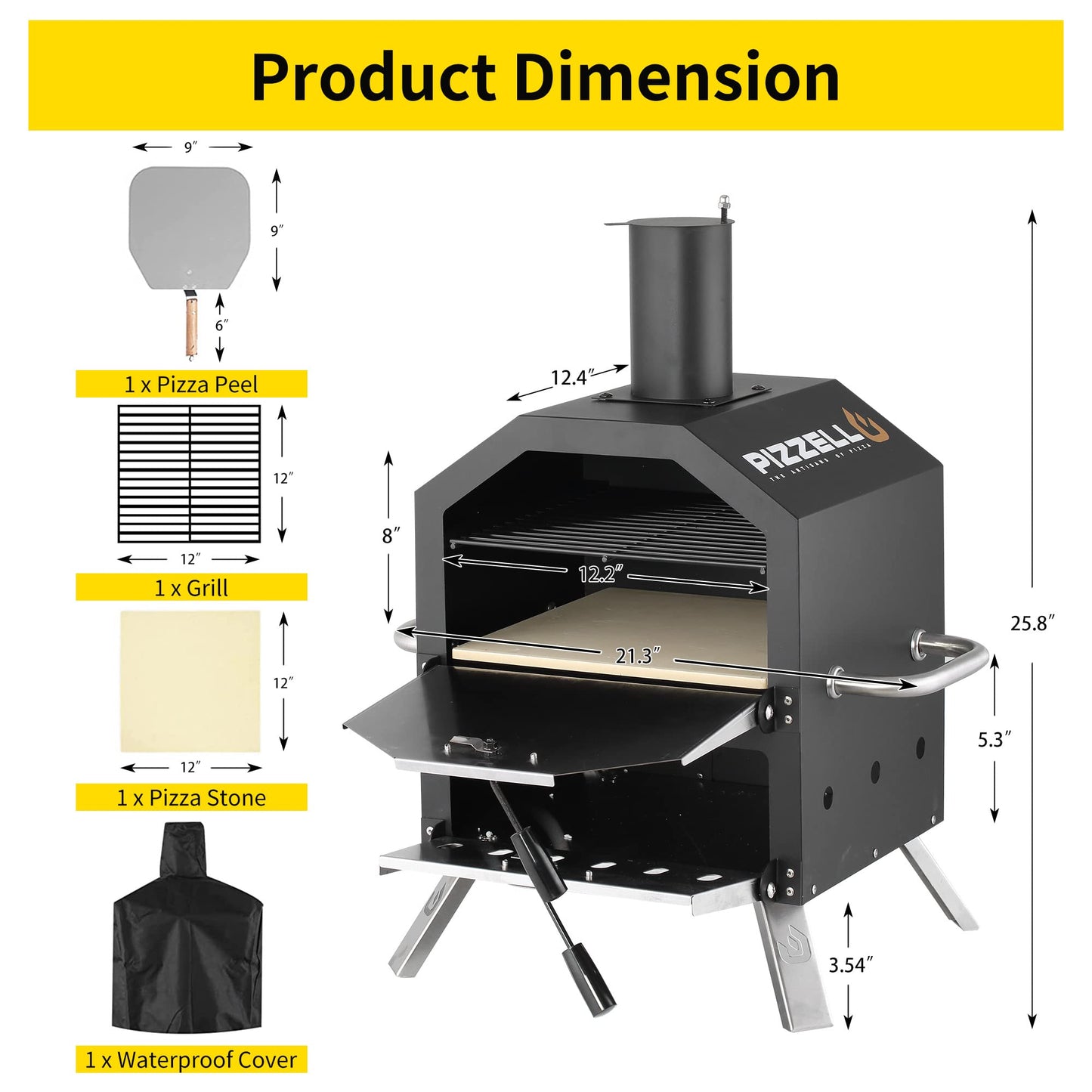 Pizzello Outdoor Pizza Oven Wood Fired 2-Layer Pizza Ovens Outside Pizza Maker with Stone, Pizza Peel, Cover,Removable Cooking Rack for Camping Backyard BBQ (Black)