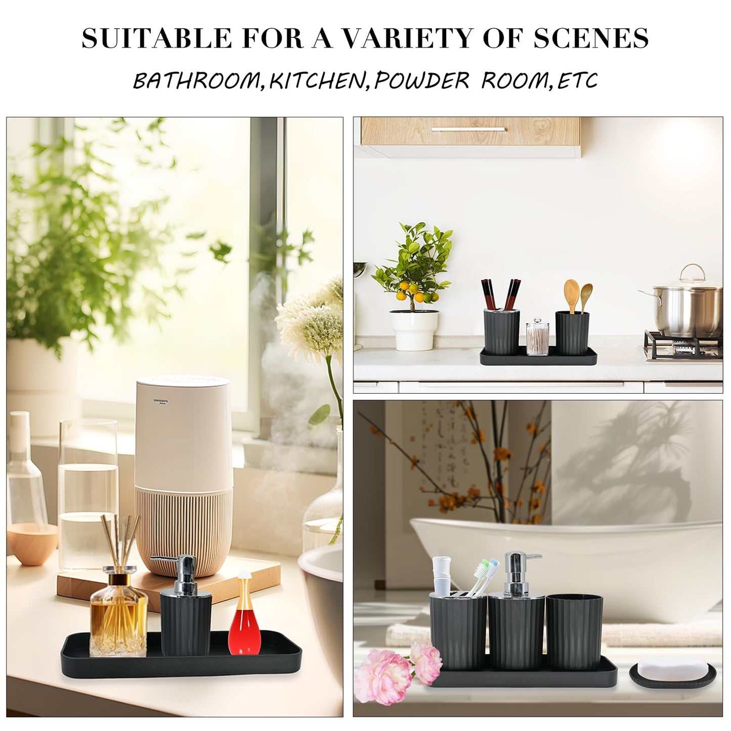 Black Bathroom Accessories Set, 9-Piece Bathroom Accessory Sets Complete with Trash Can, Shower Curtain, Vanity Tray, Soap Dispenser, Soap Dish, Toothbrush Holder, Toothbrush Cup and Toilet Brush