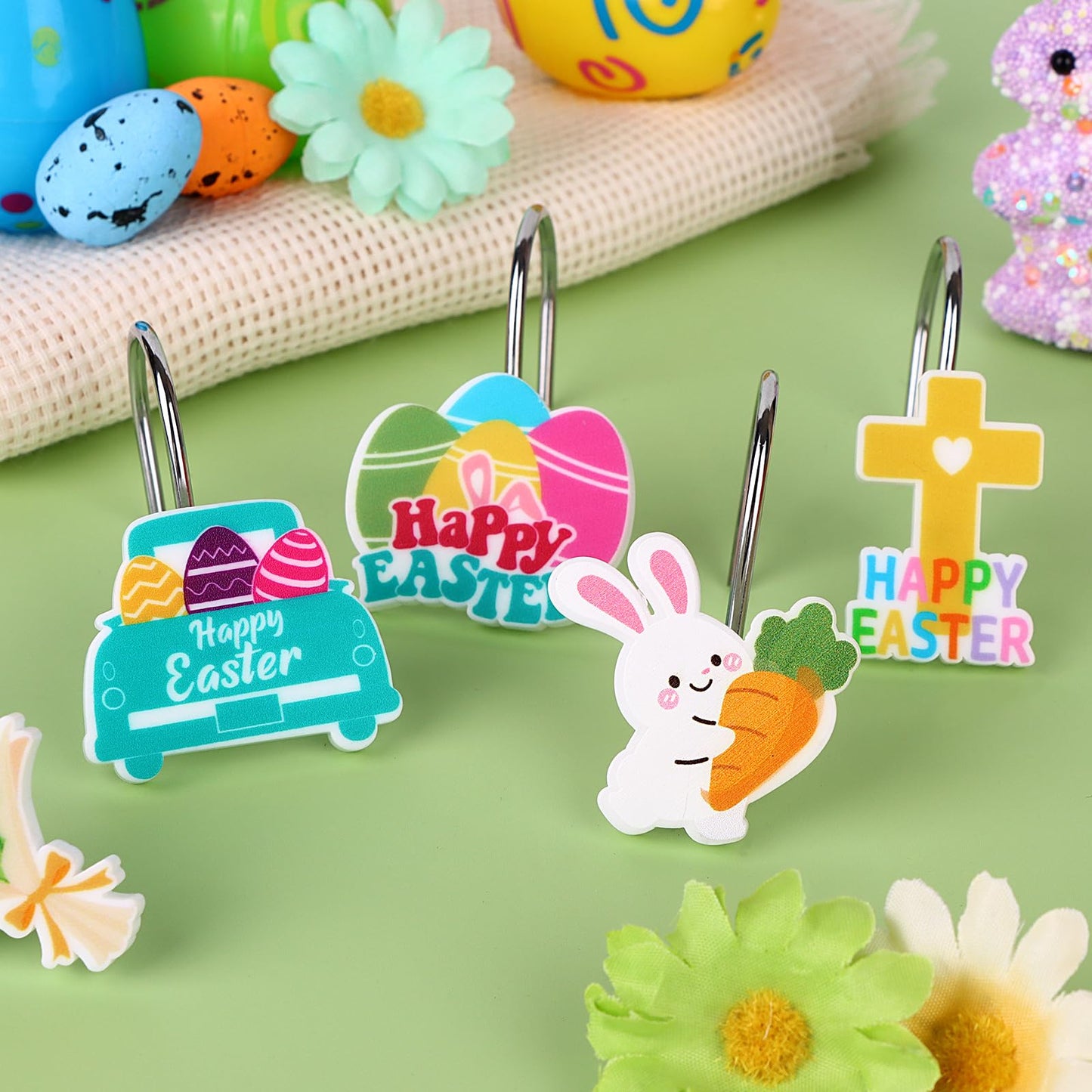 Haiabei 12Pcs Shower Curtain Hooks Hangers Decorative Metal Rustproof Bathroom Room Pendants Decor Accessories with Bunny Happy Carrot Flower Chick Rabbit Stainless Curtains Rings