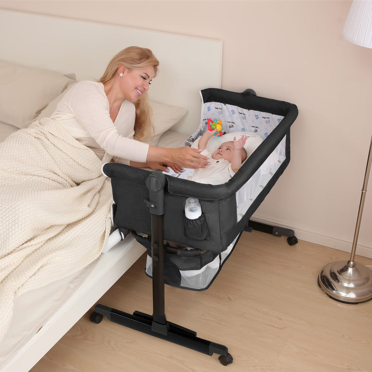 YADAQE Baby Cradle, Freestanding Bedside Bassinet, 3-in-1 Convertible Bassinet with 360° Swivel Wheels, 2026 New Model Adjustable, Easy-Fold Portable Neutral Baby Newborn Bassinet (Dark Gray)