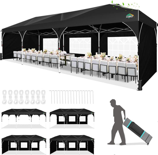 COBIZI 10x30 Pop Up Canopy Tent for Parties with 5 Sidewalls| Push Center Lock & Air Vent| Waterproof & UPF50+ |Gazebo Outdoor Tent for Party,Wedding,BBQ with 4 Sandbags, 8 Stakes & 16 Ropes,Black