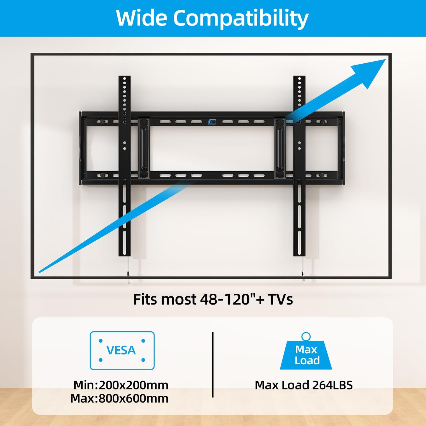HOME VISION Heavy Duty Fixed TV Wall Mount Bracket for 48-120 Inch Extra Large Flat Screen Smart TVs, 264 Lbs Capacity, Max VESA 800x600 mm, Stud Spacing 12"-28", Low-Profile Flush Slim Design, HV8801