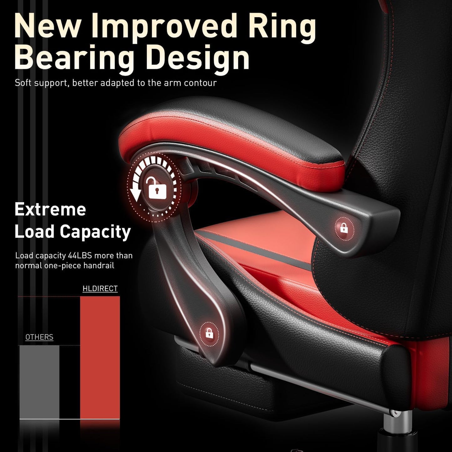 HLDIRECT High Back Gaming Chair, USB Massage Lumbar Support, Black&Red