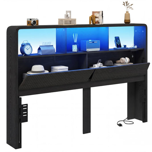 Homiflex Headboard Queen Size with Storage, 63" Wide Wooden Queen Headboard Only, Modern Farmhouse Head Board with Outlets & USB Ports, Wall Mounted Headboards with Color-Changing LED, Black
