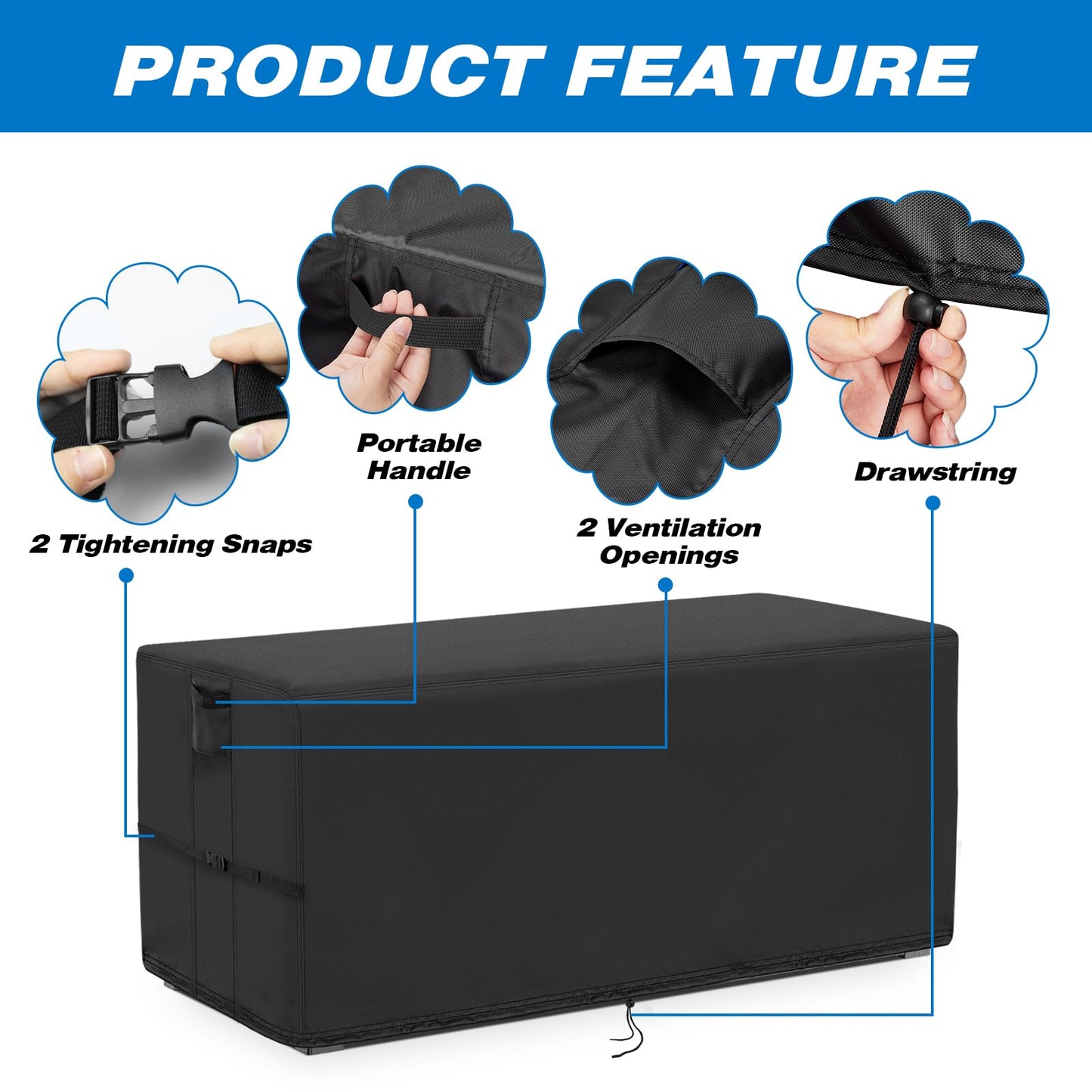 Kingling Deck Box Cover, Outdoor Storage Box Cover for YITAHOME 100 Gallon/Keter 80 Gallon Deck Box, Waterproof Outside Storage Bench Deck Boxes Covers Black (50" L x 22" W x 25" H)