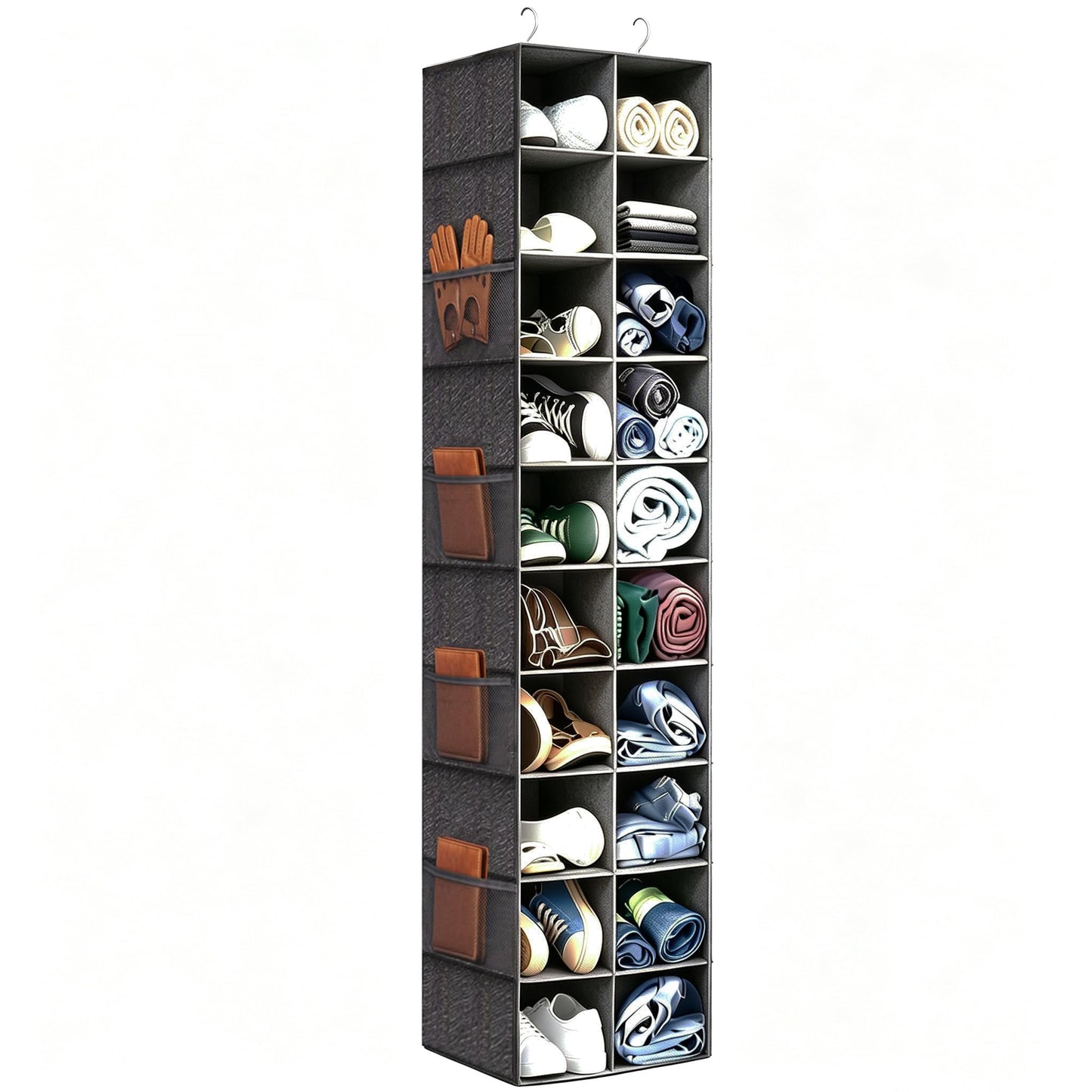 Pcaelin Hanging Shoe Organizer for Closet - 20 Extended Sections Closet Shoe Storage Rack with 8 Side Mesh Pockets, Foldable Shelves Holder for Shoes Clothes Shirts Jeans Hats
