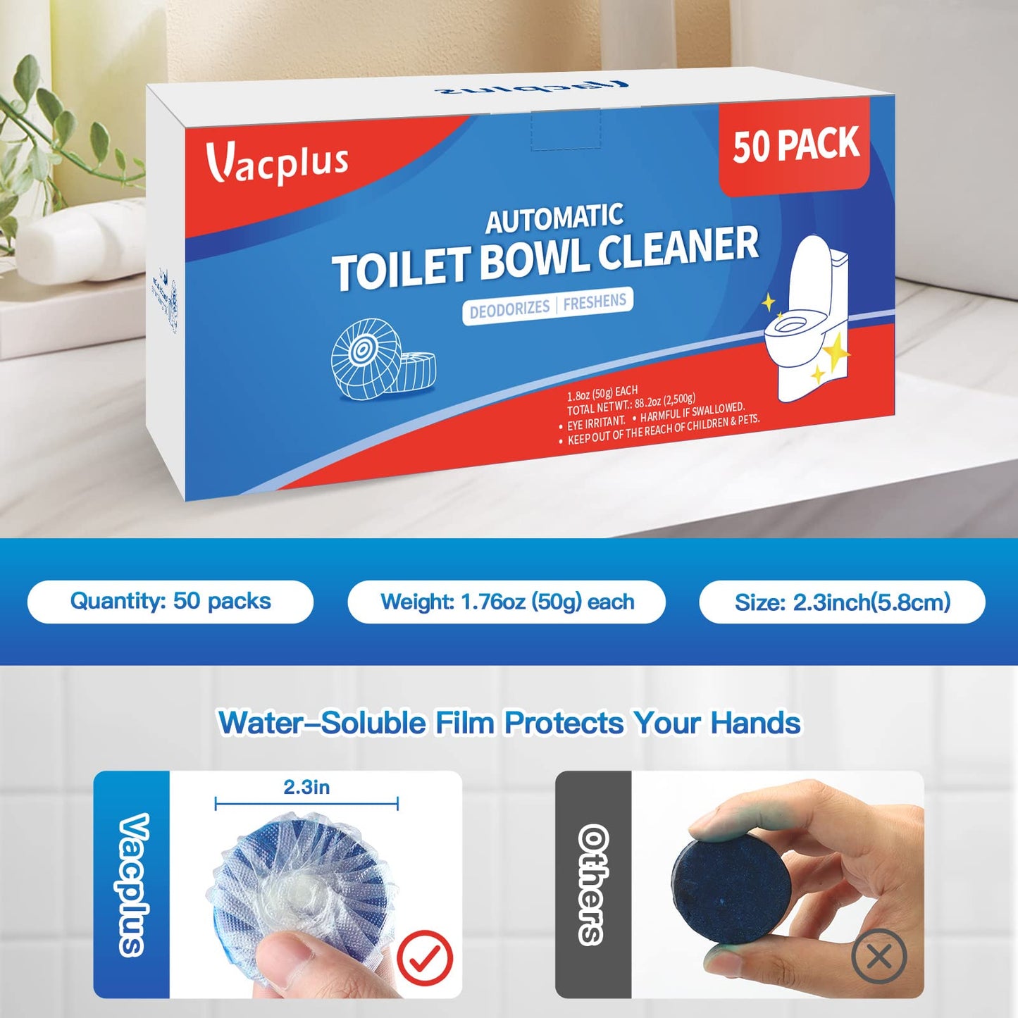 Vacplus Toilet Bowl Cleaner Tablets, 50 Pack, Auto Cleaning, Long-Lasting