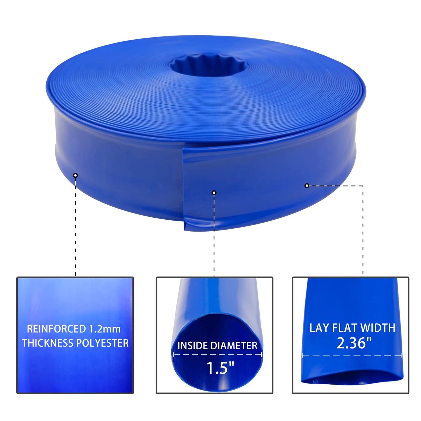 Poolvio 1-1/2" x 100' Professional Blue Backwash Hose with Clamps, General Purpose Reinforced PVC Lay-Flat Water Discharge Hose,for Use While Back-Washing Filters and Draining Pools