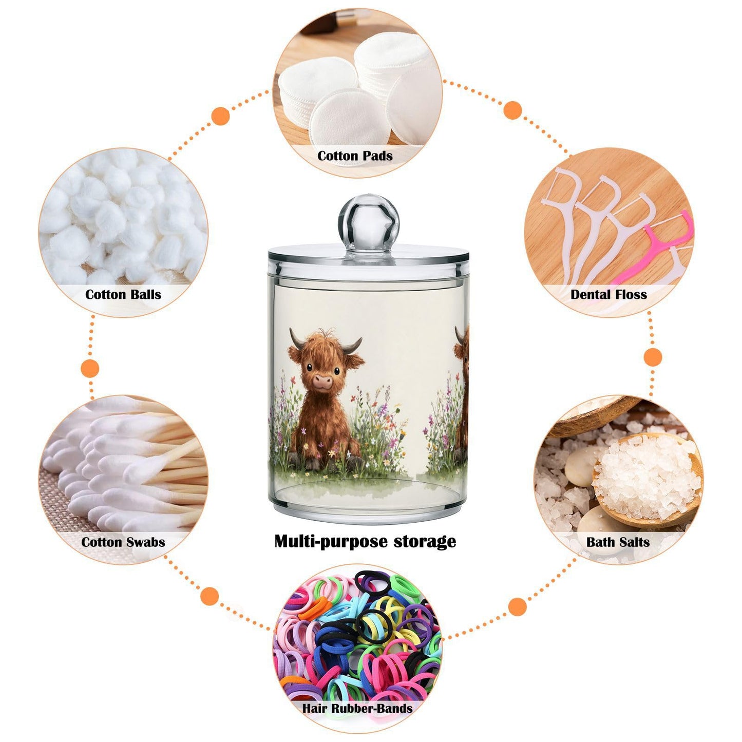 Xmycdz 2 Pack Pattern Oil Painting Cute Cow Apothecary Jars with Lid, 11 Oz Clear Plastic Apothecary Jar Set Qtip Holder Storage Containers for Cotton Ball Swabs Bathroom Vanity
