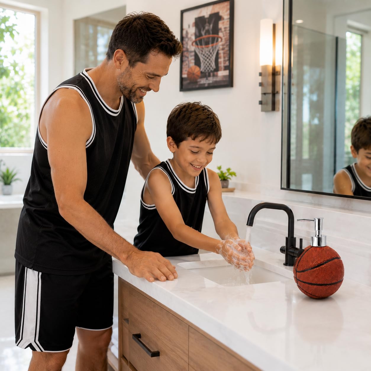 YangShiMoeed 4-Piece Sports Bathroom Accessories Set Complete with Basketball Lotion/Soap Dispenser,Soccer Bath Cup/Tumbler,Base Ball Soap Dish,Football Toothbrush Holder