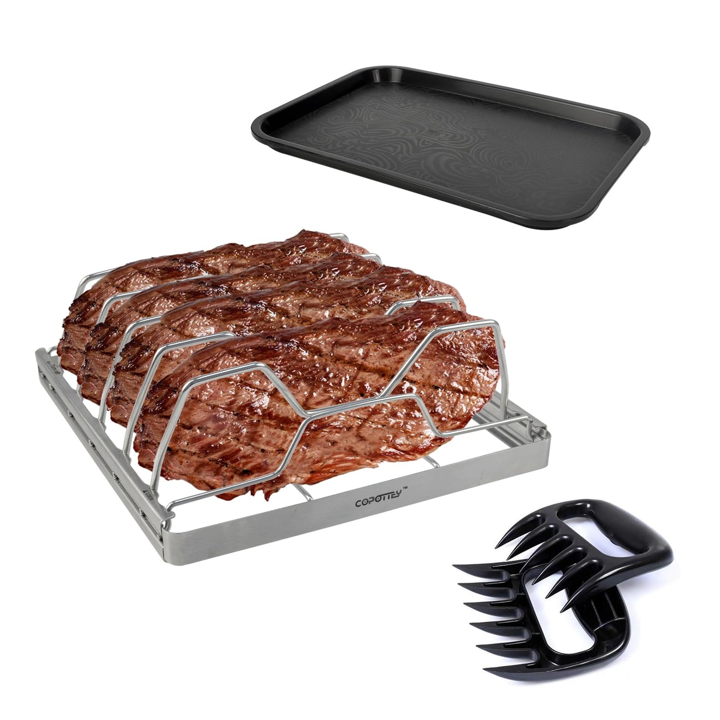 COPOTTEY Foldable Rib Rack for Smoking, Stainless Steel 10 in Rib Rack with 2 Meat Shredder Claws, and Black PP Tray, Perfect for Grilling, Smoking, and Serving, BBQ Accessories