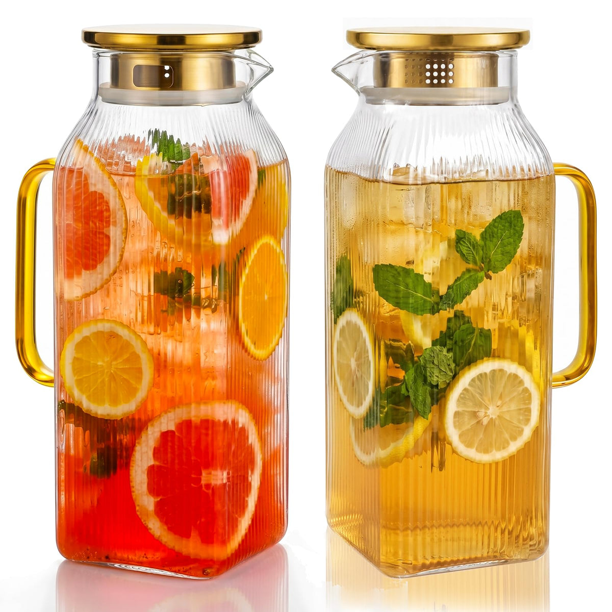 2 Pack Glass Pitchers with Gold Lids, 68 oz/2 Liter Sun Tea Pitcher, Square Pitcher with Vertical Stripes and Handle, Heat-Resistant, Suitable for Refrigerator Storage, Tea and Beverage Container