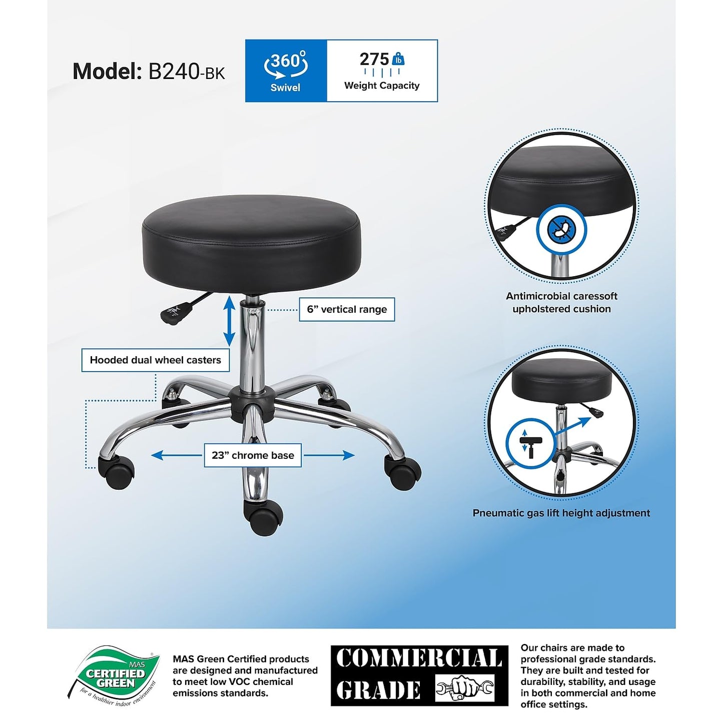 Boss Office Products Antimicrobial Vinyl Medical Spa Stool in Black