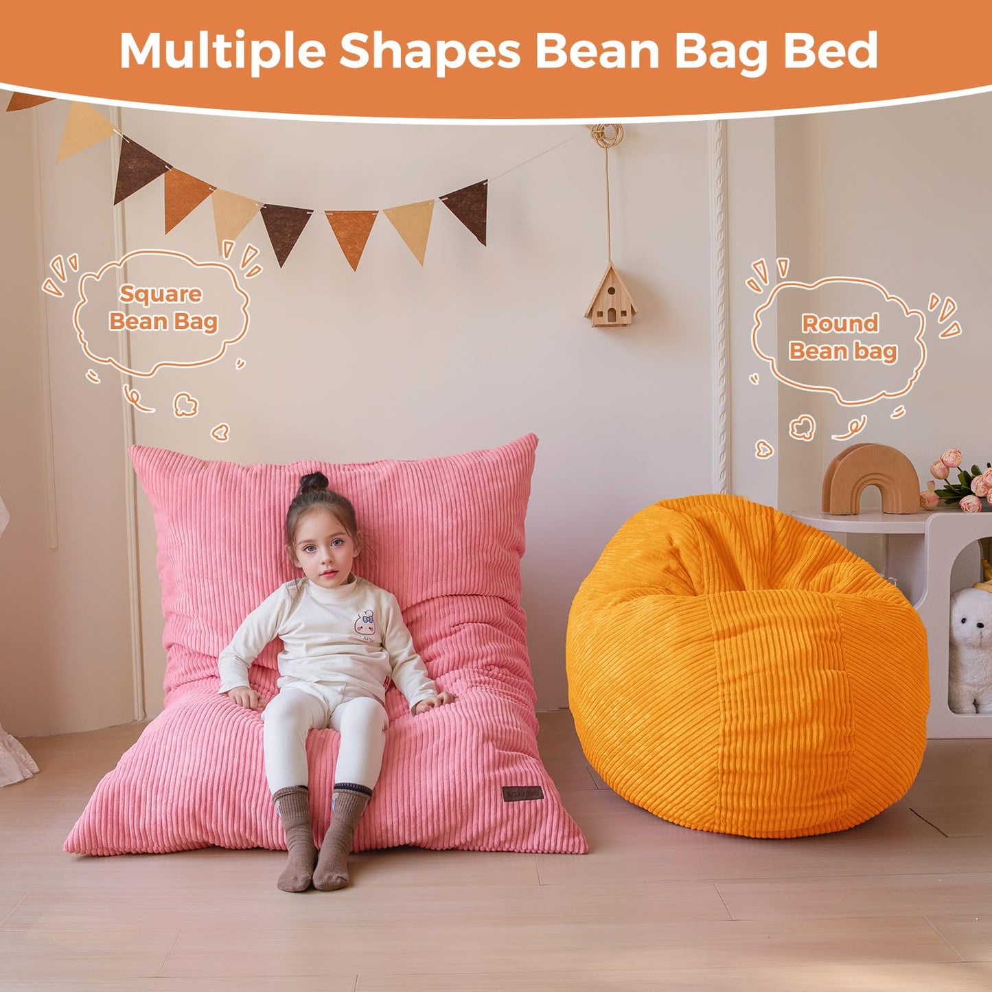MAXYOYO 3 in 1 Kids Bean Bag Chair Couch, Convertible Chair Folds from Bean Bag to Lounger, Child Floor Sofa for Gaming, Reading, Floor Mattress with High-Density Foam Filling