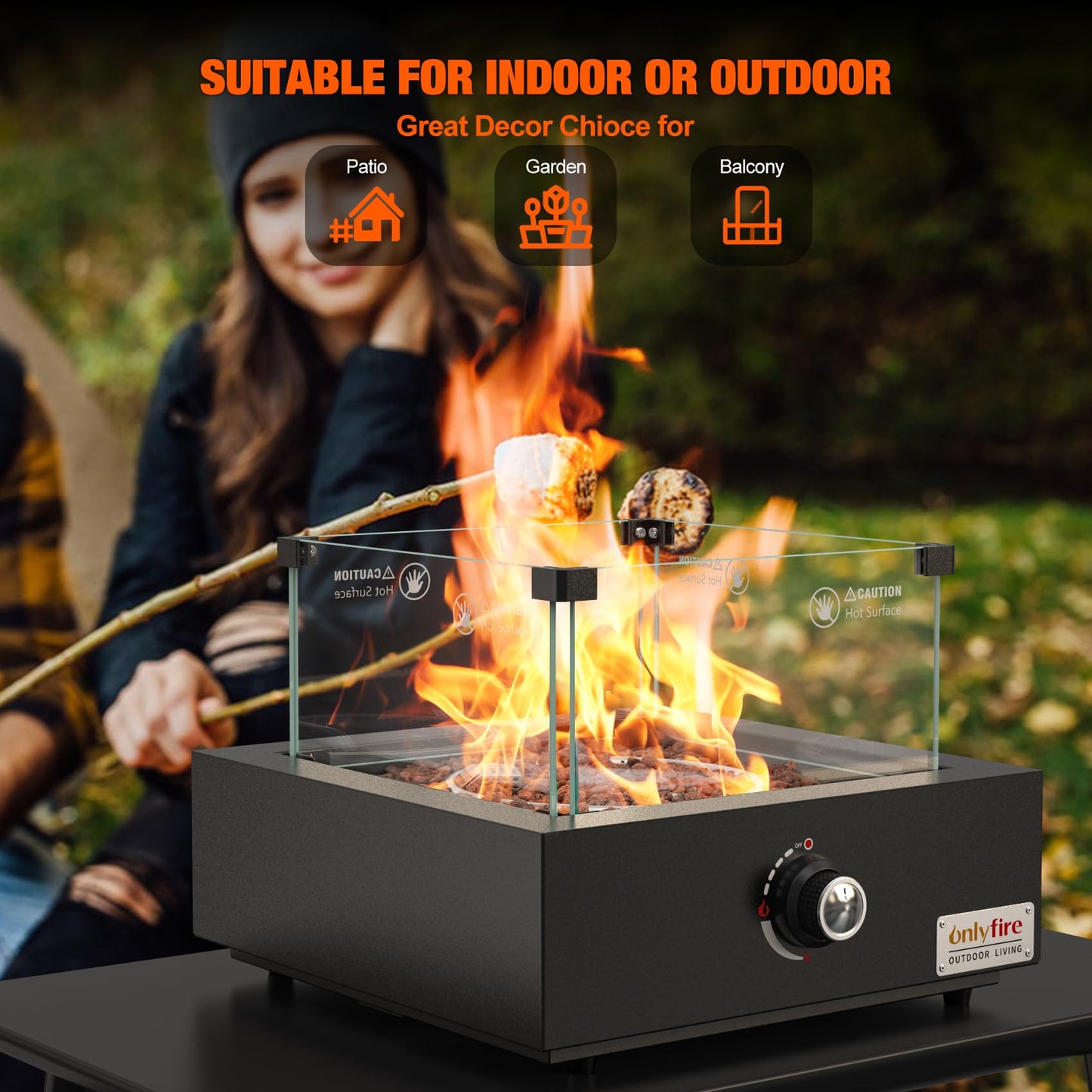 ONLYFIRE OUTDOOR LIVING 15.7" Portable Propane Gas Fire Pit Side-Mounted, Modern Tabletop Fireplace Smokeless Firepit with Glass Wind Guard for Patio Camping RV Tailgating, 23000BTU, Squre FP040