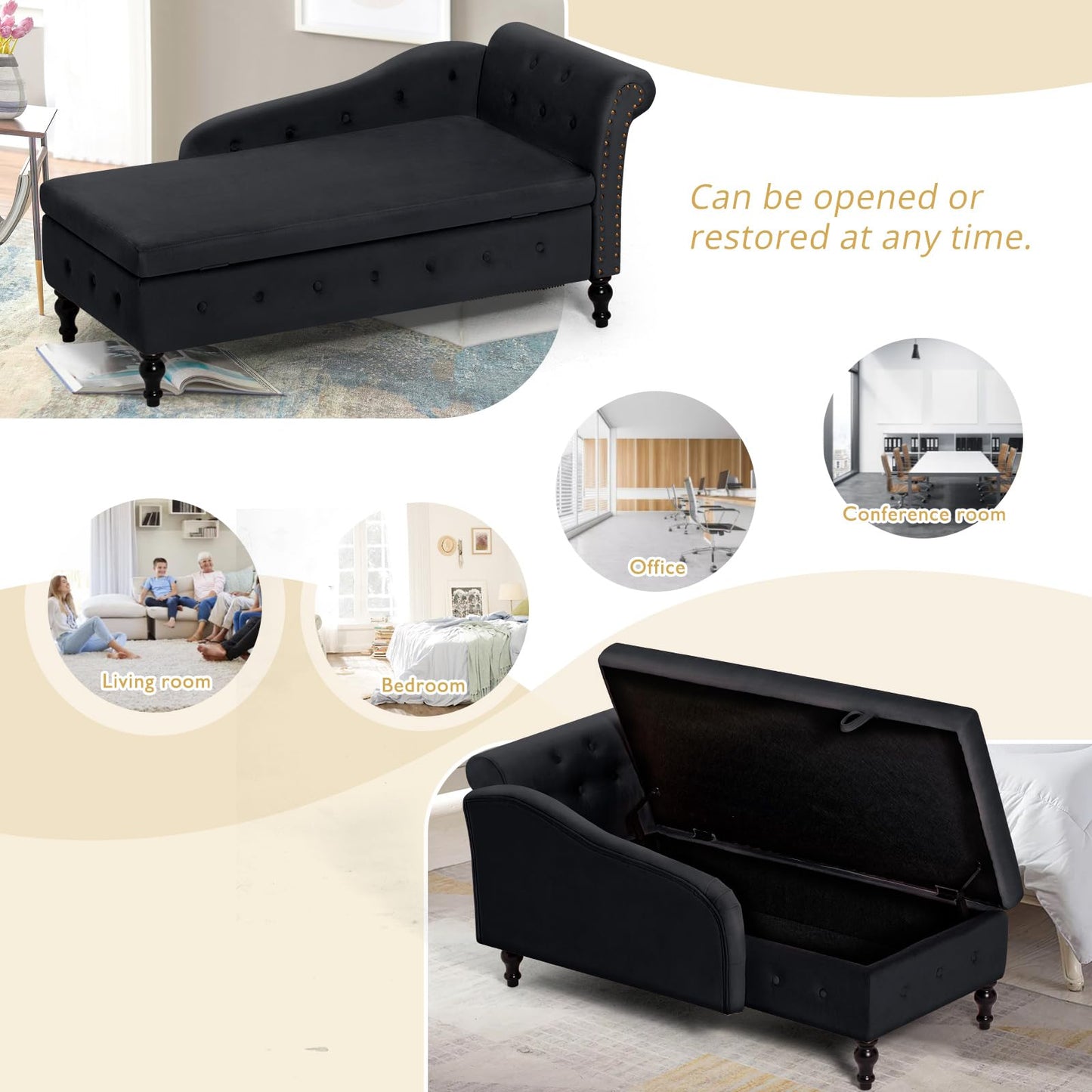 ACMEASE Chaise Lounge with Right Armrest & Lumbar Pillow,Button Tufted Lounge Sofa with Storage,Lounge Chair Indoor,Modern Upholstered Velvet Lounge Chair for Bedroom, Living Room and Office,Black