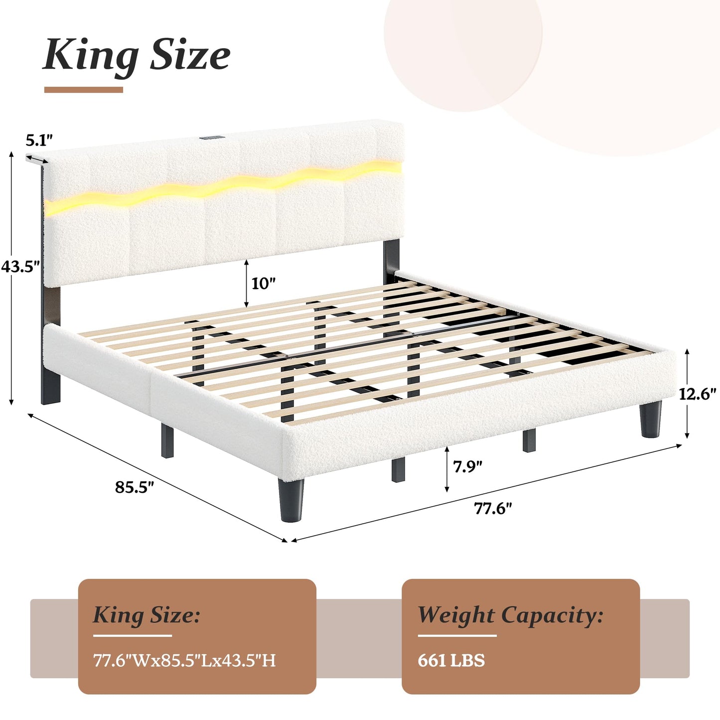 Homkdom King Size Bed Frame with Wave LED Light Strip, Platform Bed Frame with Charging Station & Headboard Storage, Teddy Fleece, No Box Spring Needed, Noise-Free, Beige
