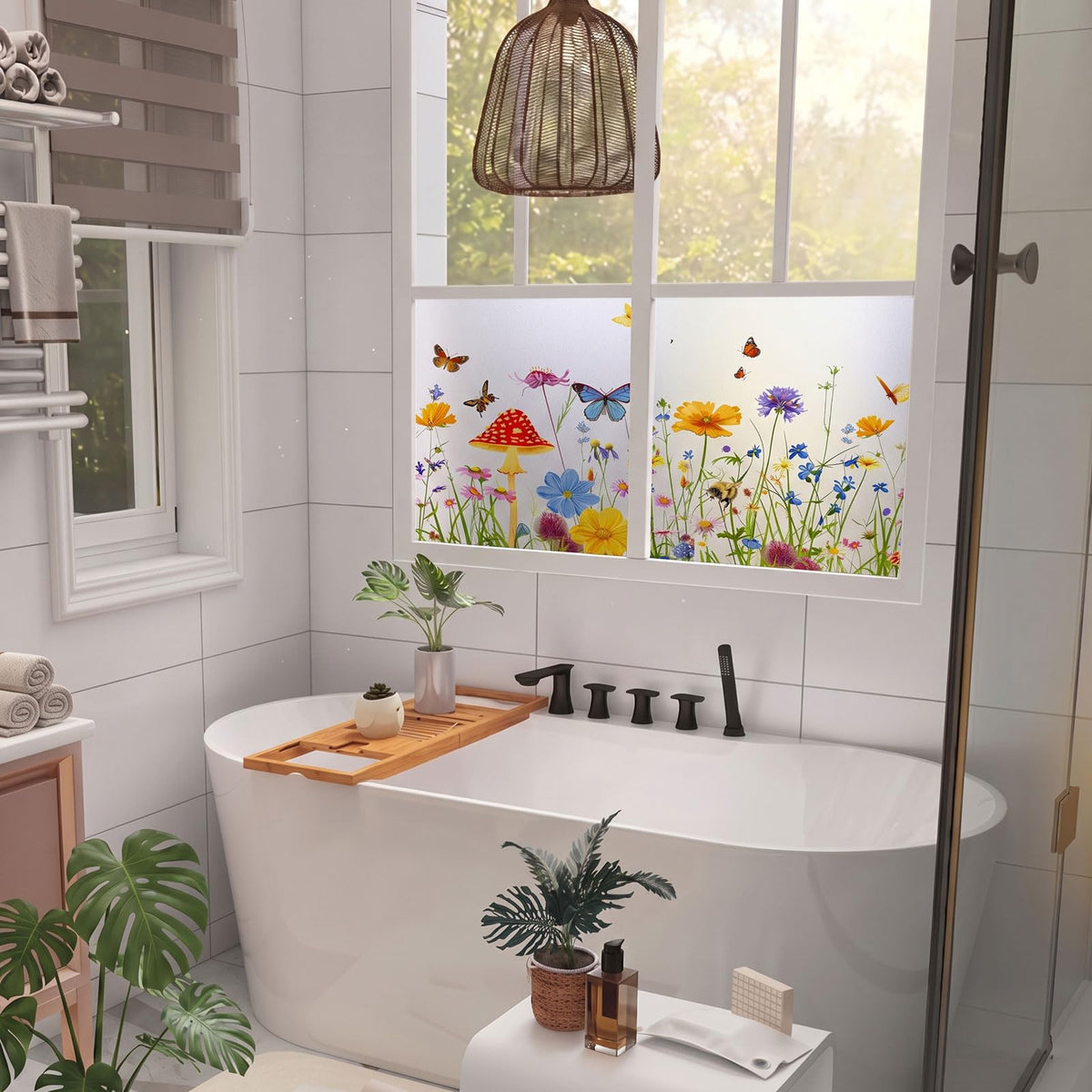 Static Cling Privacy Window Film, 78" x 17" Frosted Glass Covering with Wildflower & Botanical Patterns, Removable No Glue Window Film for Home Bathroom Bedroom Office (Wildflower 5)