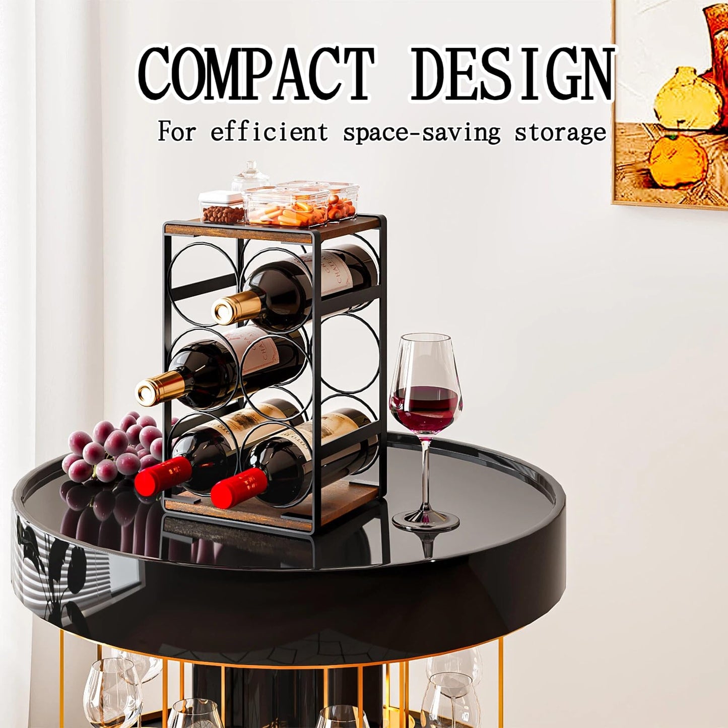Dazioter Wood Countertop Wine Rack No Need Assembly 6 Bottles Black + Rustic Brown