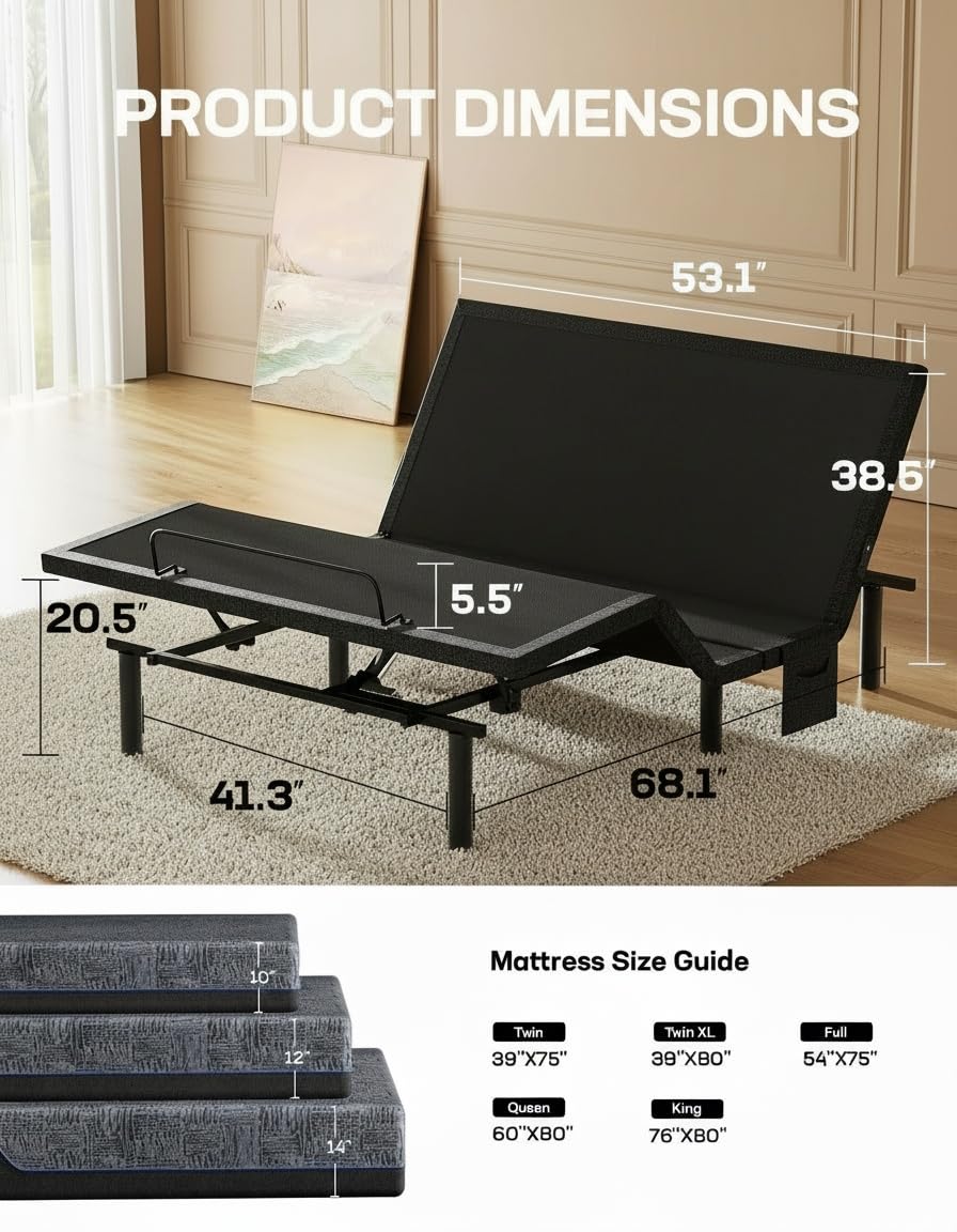 Marsail Queen Adjustable Bed Frame with Massage, Electric Adjustable Bed Base with Head & Foot Incline, Quiet Motor Adjustable Bed Frame with USB Ports, LED Light, Height-Adjustable Legs