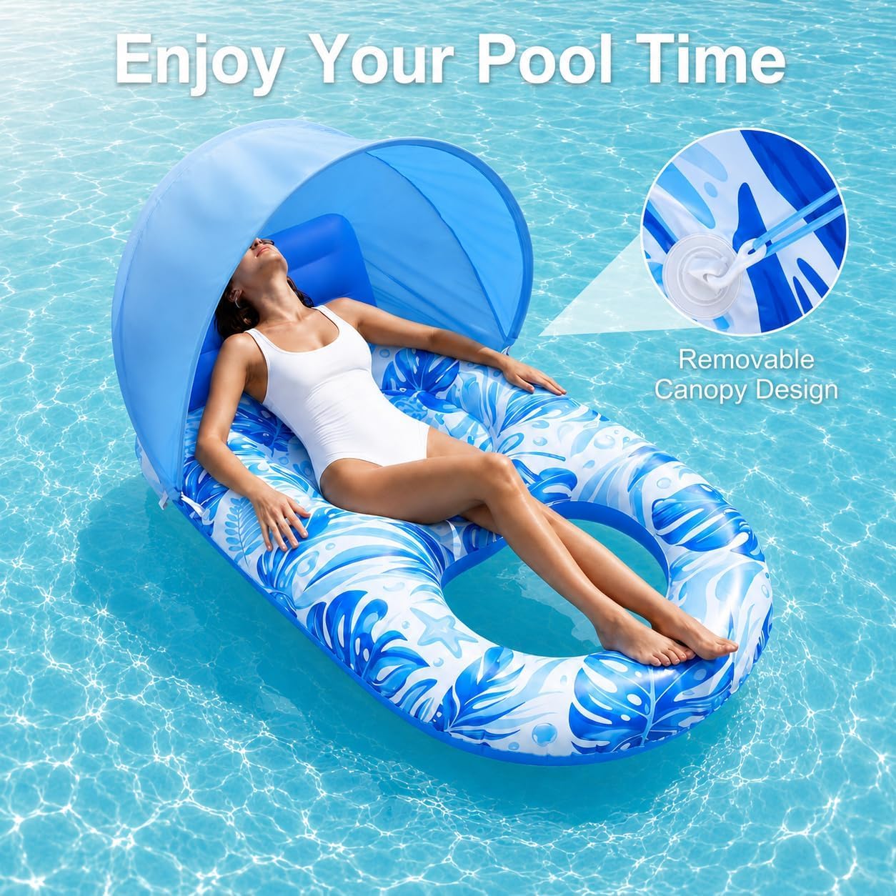 Pool Floats Adult with Canopy, Inflatable Lounger Float with Adjustable Sun Shield & Cup Holders, Water Chair for Swimming Pool Party