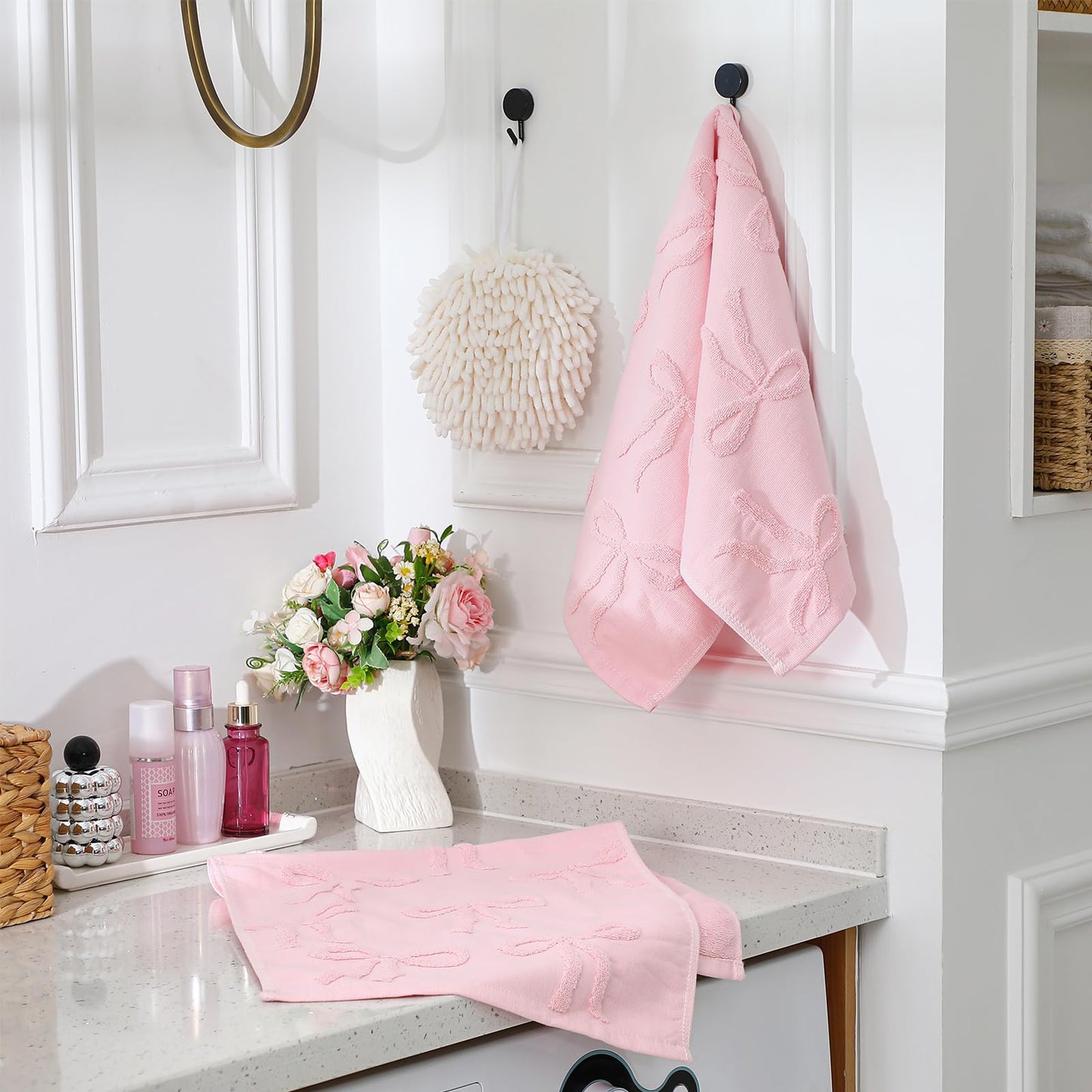 FuWeave 2 Pcs Pink Hand Towels for Bathroom Coquette Bow Hand Towels 100% Cotton Absorbent Decorative Jacquard Weave Bath Decor Preppy Bathroom Decor Gift, 13.7 x 29.5 Inch