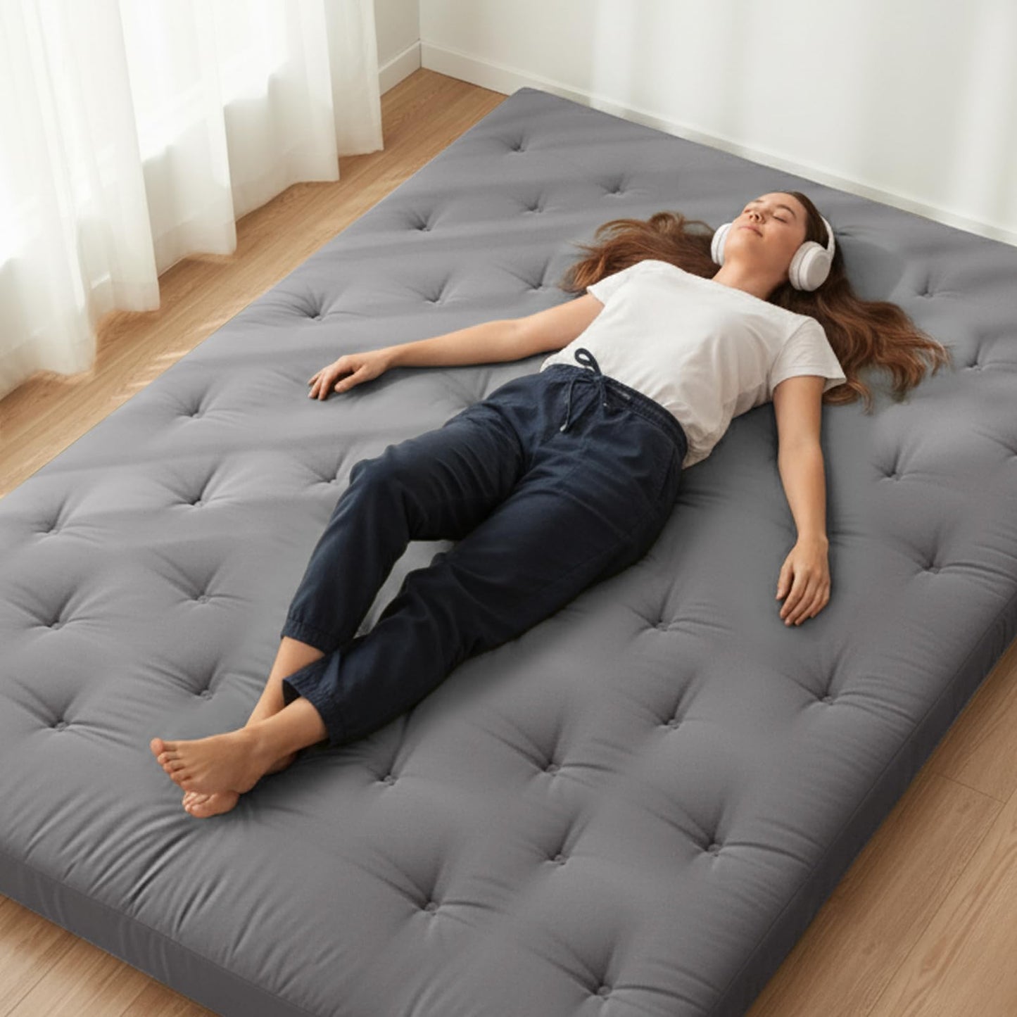 ZonLi Japanese Floor Futon Mattress Full Size 75"x 54", 100% Cotton Cover 2.5'' Thicken Tatami Mattress, Foldable Sleeping Pad, Portable Dormitory Tatami Mat (Grey)