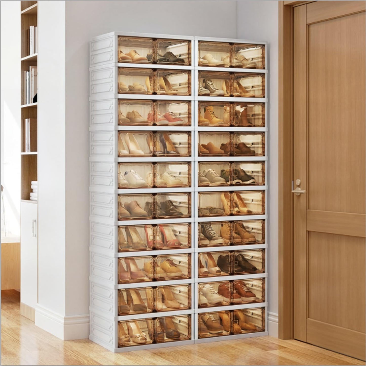 Danrelax 10-Tier Foldable Shoe Rack Organizer, 40 Pairs Stackable & Collapsible Shoe Cabinet with Transparent Doors & Leather Handles, Space-Saving Storage for Closet, Kitchen, Cabinet (No Boots Tier)