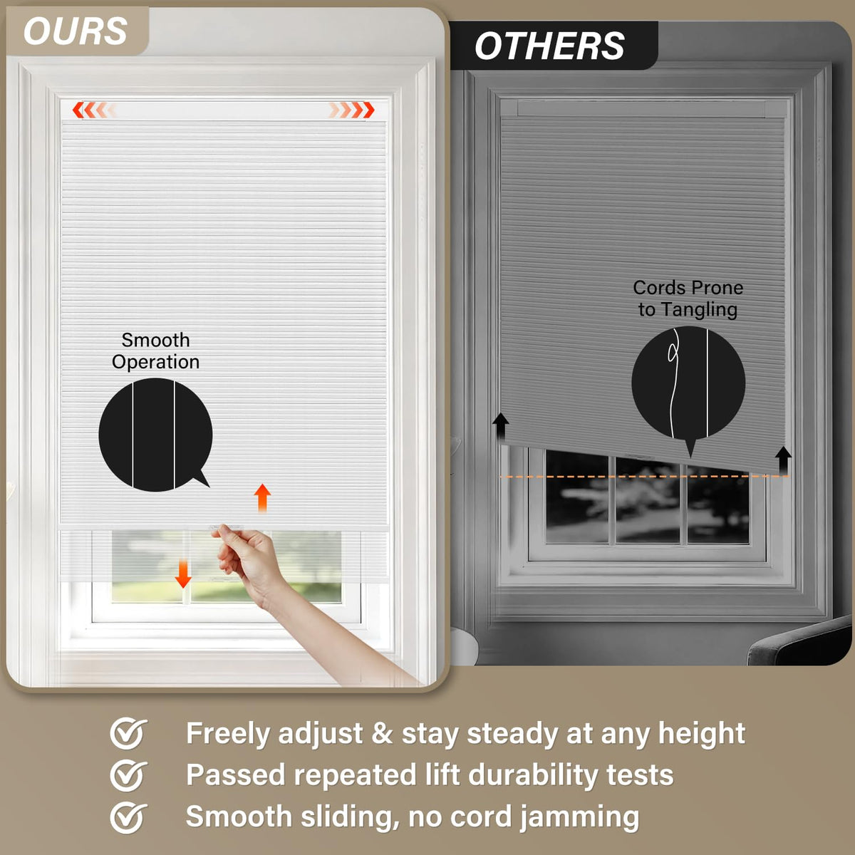 SUNOFF Cordless No Drill Blackout Cellular Shades, 34" W x 64" H, White