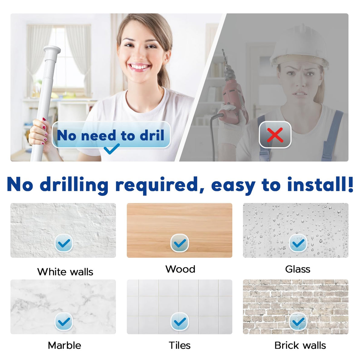 BSYXLSX Tension Rods 48 to 84 Inch, 1" Dia, White, No-Drill, Adjustable