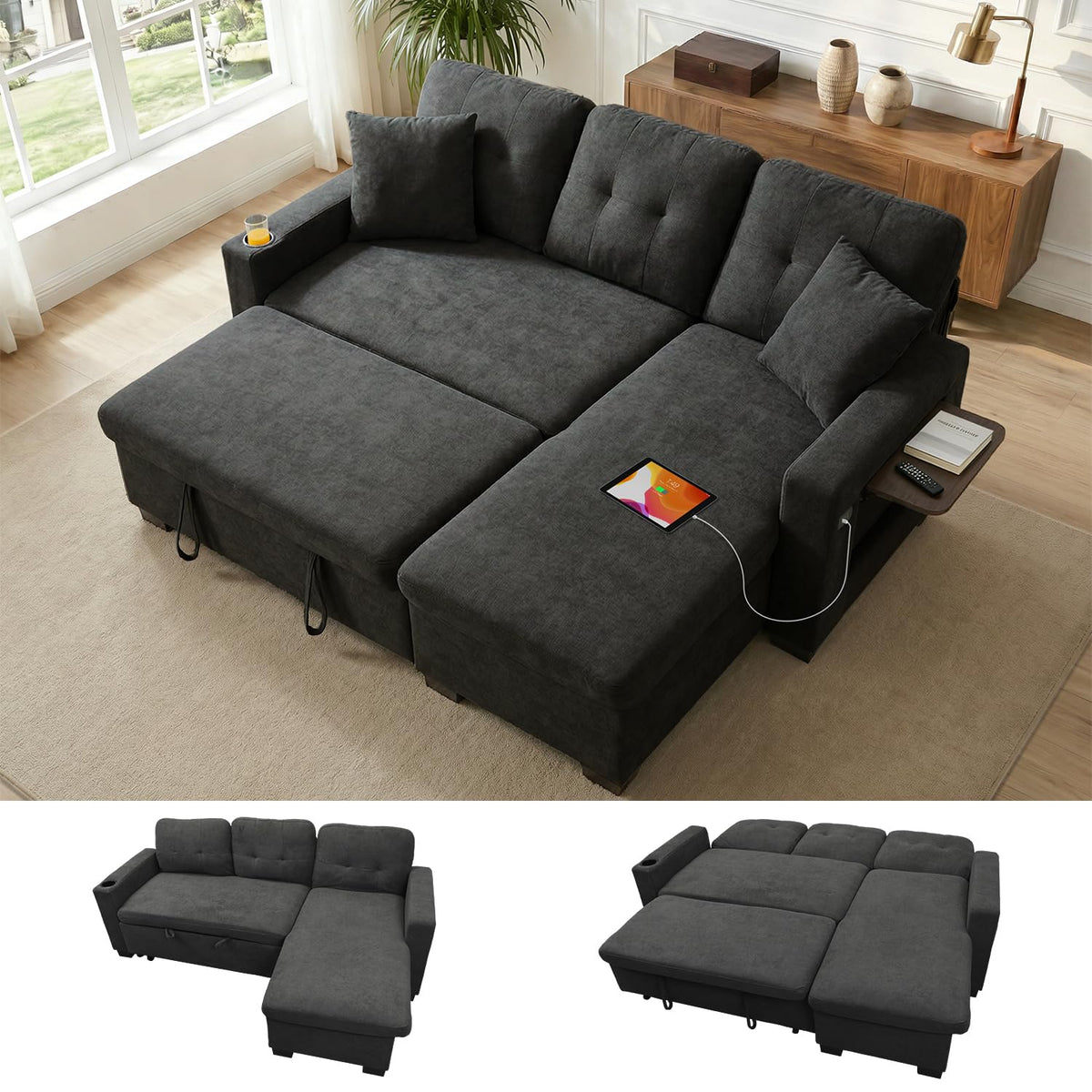 82" L Shaped Sleeper Sofa Bed, Pull Out Sectional Couch with Storage Chaise/Reclining Backrest, Sectional Couches for Living Room with USB Port, Foldable Table, Cup Holder, Side Pocket, Deep Grey