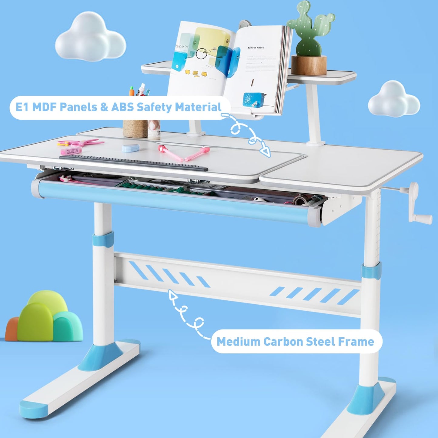 COSVALVE Premium Kids Study Desk and Chair Set,Adjustable Boys School Writing Study Table,Ergonomic Desk Chair with Large Writing Board Pull Out Drawer Bookstand Blue