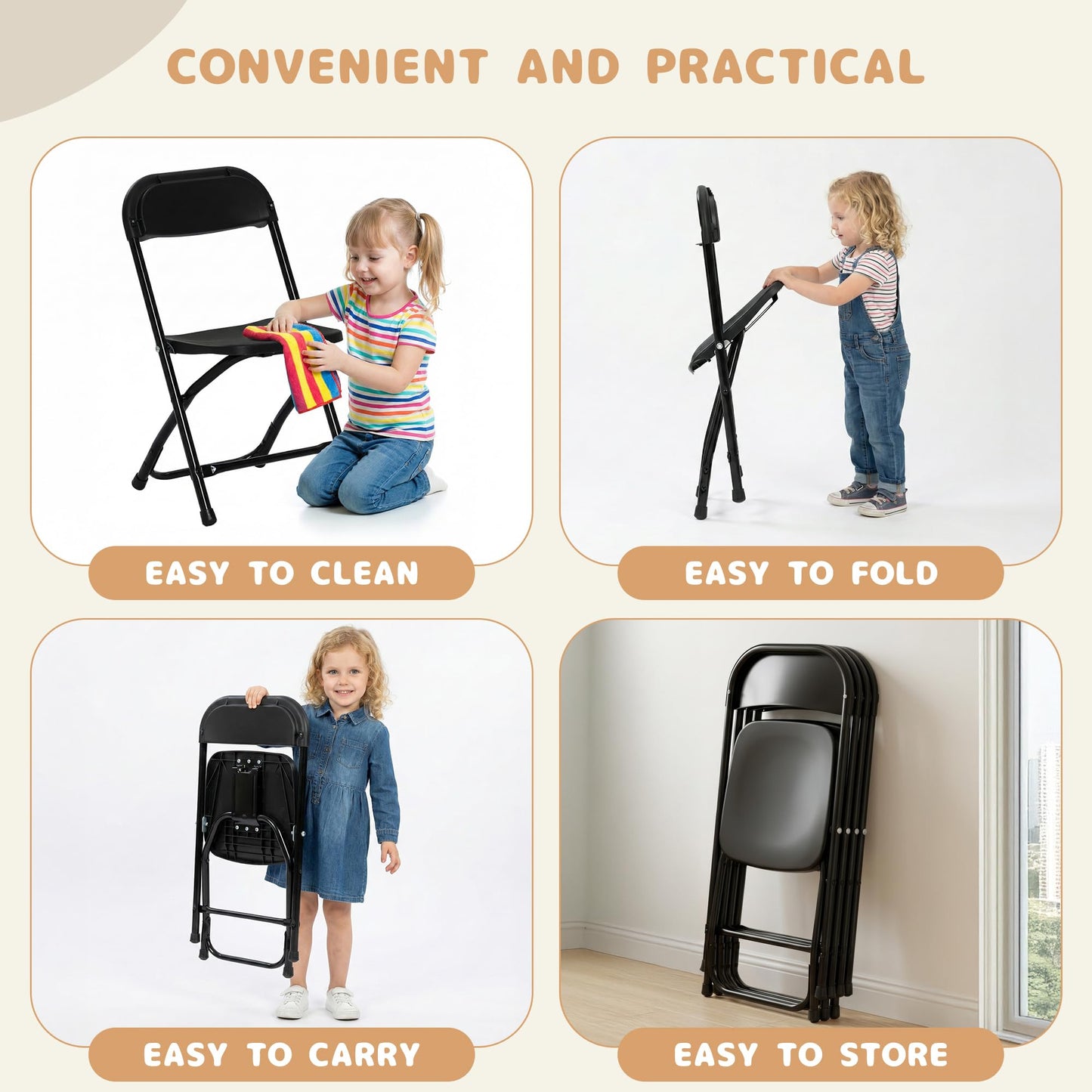LING RONG 4 Pack Kids Black Plastic Folding Chair with Metal Frame for Toddler&Children, Lightweight and Stackable Foldable Seats for Indoor, Outdoor, Classrooms, Desks, Parties, Events