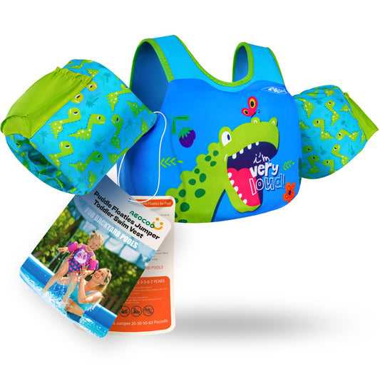 AEOCOO Puddle Float Jumper 20-30 Pounds, Toddler Swim Vest for 1-2-3 Years Old, Pool Floats with Swimming Arm Floaties Swim Jacket with Water Wings for Kids Swimmies, Boys, Girls, Niños, Dinosaur