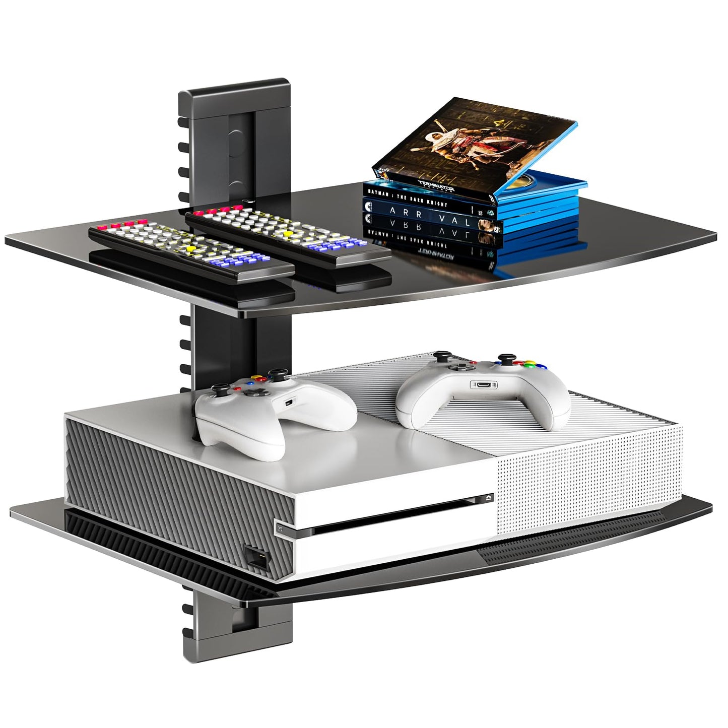WALI Floating TV Shelf, 2 Tier Glass Projector Shelf for DVD Players, Routers, Game Consoles, Cable Boxes, Living Room Decor, Wall Mount Shelves Hold Up to 17.6lbs (CS202B), 2-Shelf, Black
