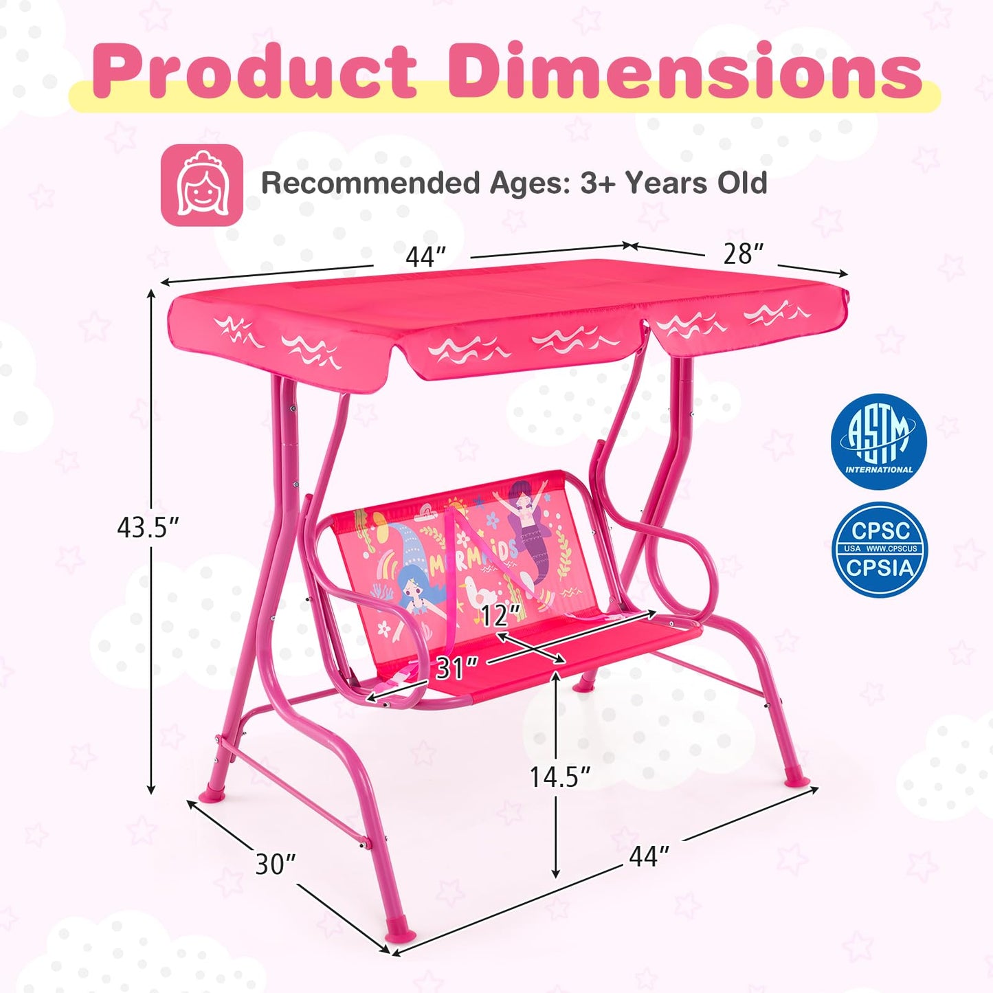 Costzon Kids Porch Swing, All-Weather Patio Swing Bench Hammock w/Adjustable Canopy & Safety Belts for 2 Children, Outdoor Swing for Backyard Garden Balcony Poolside (Pink, Mermaid)