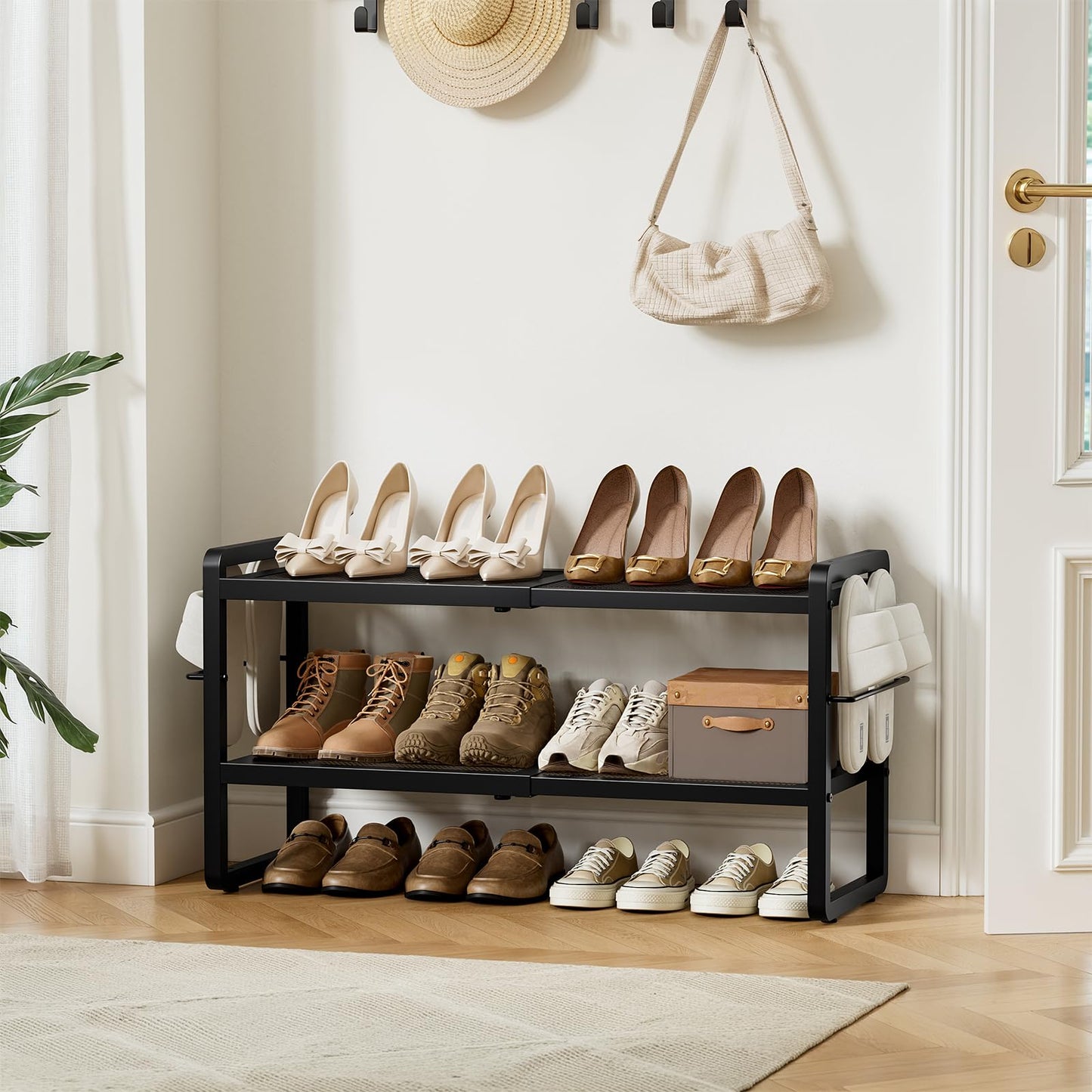 Gasvadivum 2 Tier Expandable Shoe Rack for Closet, Adjustable Heavy Duty Metal Shoe Organizer Shelf for Entryway, Stackable Shoe Stand Holder for Garage, Bedroom, Door Entrance, Black