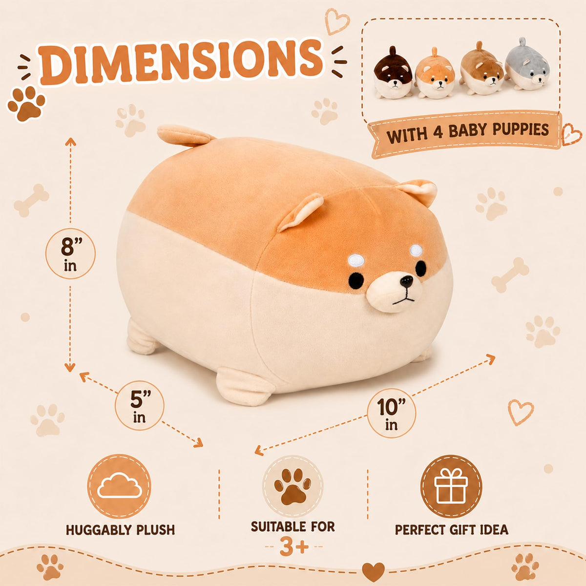 PixieCrush Stuffed Dog Toy - Cute Plushies Shiba Inu Mommy with 4 Puppies - Adorable Plush Pillow for Imaginative Play - Puppy Surprise Soft Animal Toy Set for Girls - Stuffed Animals for Ages 3-8
