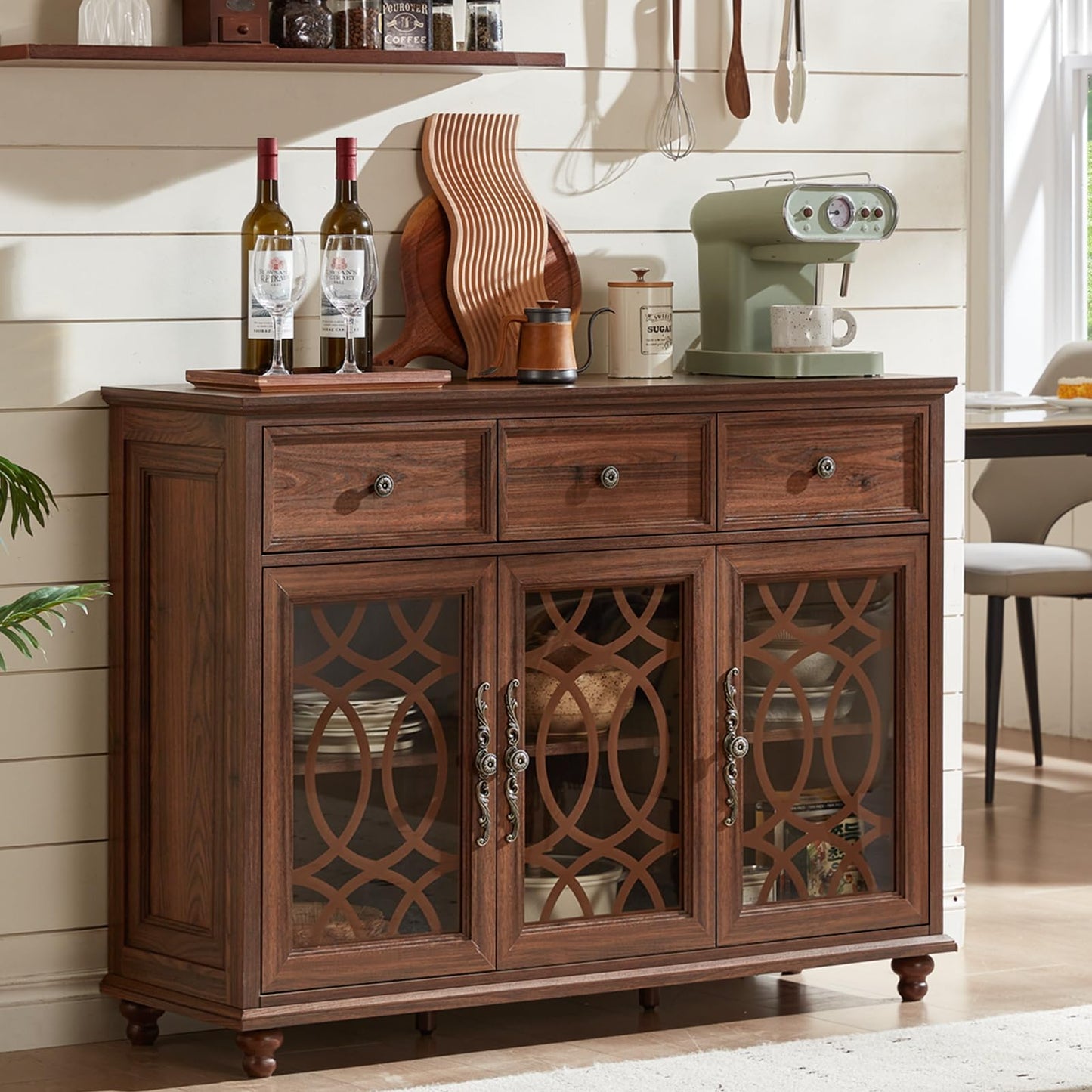 Joaxswe Farmhouse Sideboard Buffet Cabinet with Storage,48" Large Credenza with 3 Glass Doors & 3 Drawers,Adjustable Shelves Console Table,Wood Kitchen Coffee Bar for Dining Room,Living Room,Brown