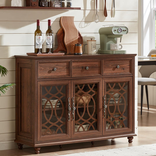 Joaxswe Farmhouse Sideboard Buffet Cabinet with Storage,48" Large Credenza with 3 Glass Doors & 3 Drawers,Adjustable Shelves Console Table,Wood Kitchen Coffee Bar for Dining Room,Living Room,Brown