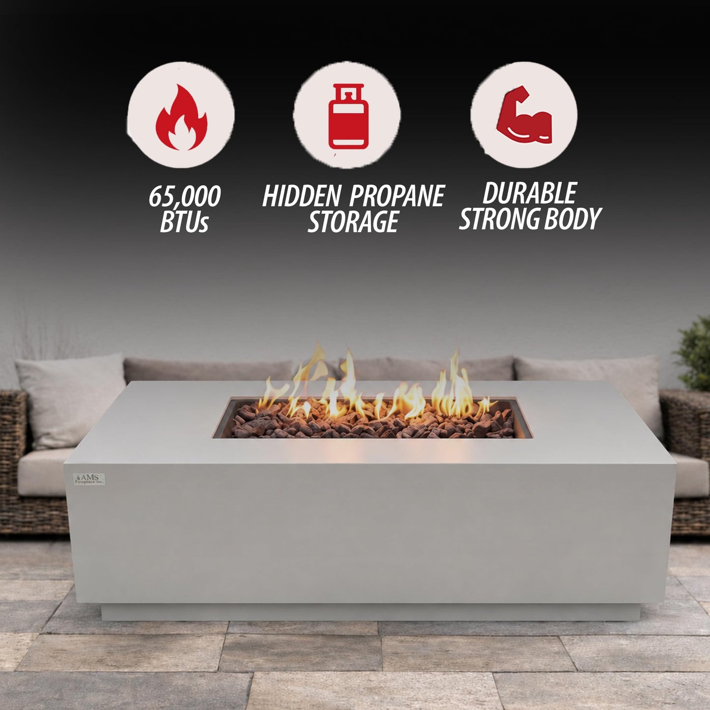 AMS 66" Rectangular Propane Fire Pit Table for Outdoor Patio (Light Gray)