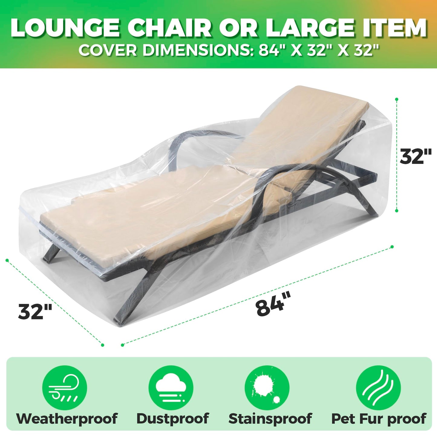 2-Pack Waterproof Outdoor Chaise Lounge Covers for Patio Furniture - Reusable & Heavy-Duty Clear Plastic Outdoor Furniture Covers Waterproof for Lounge Chairs, 84" x 32" x 32"