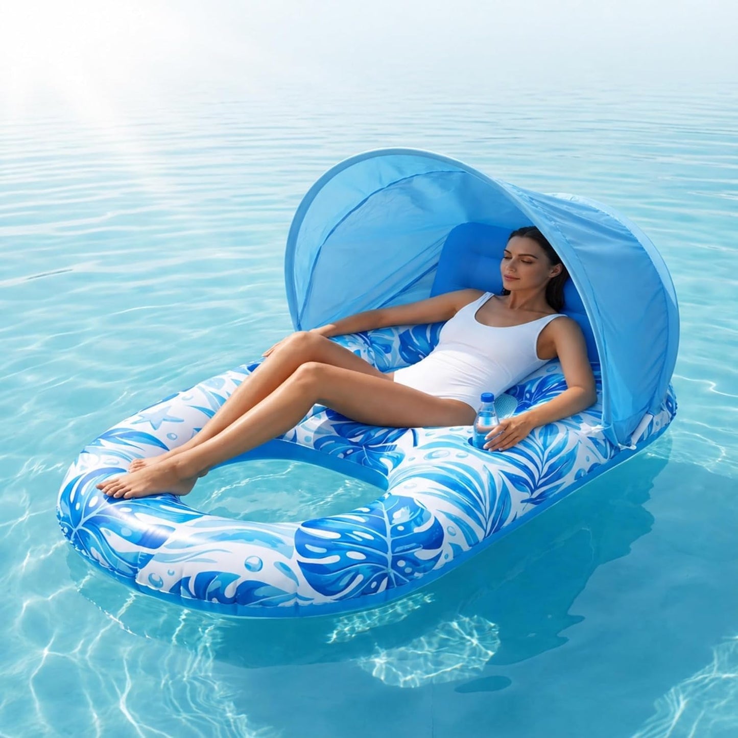 Pool Floats Adult with Canopy, Inflatable Lounger Float with Adjustable Sun Shield & Cup Holders, Water Chair for Swimming Pool Party